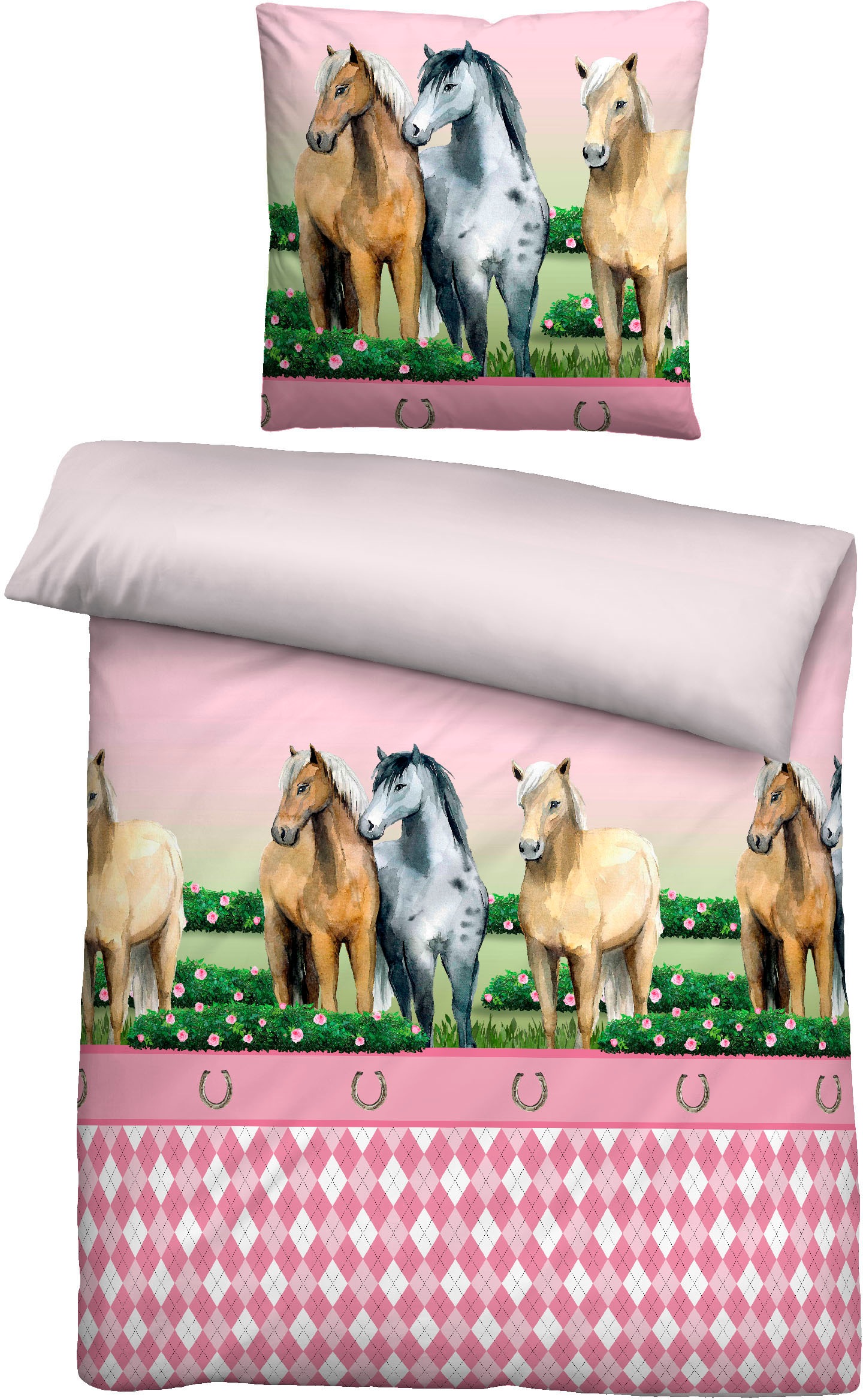 Biberna Kinderbettwäsche »Pferde«, 135/200+80/80 cm, atmungsaktiv, 100% Baumwolle, Reißverschluss