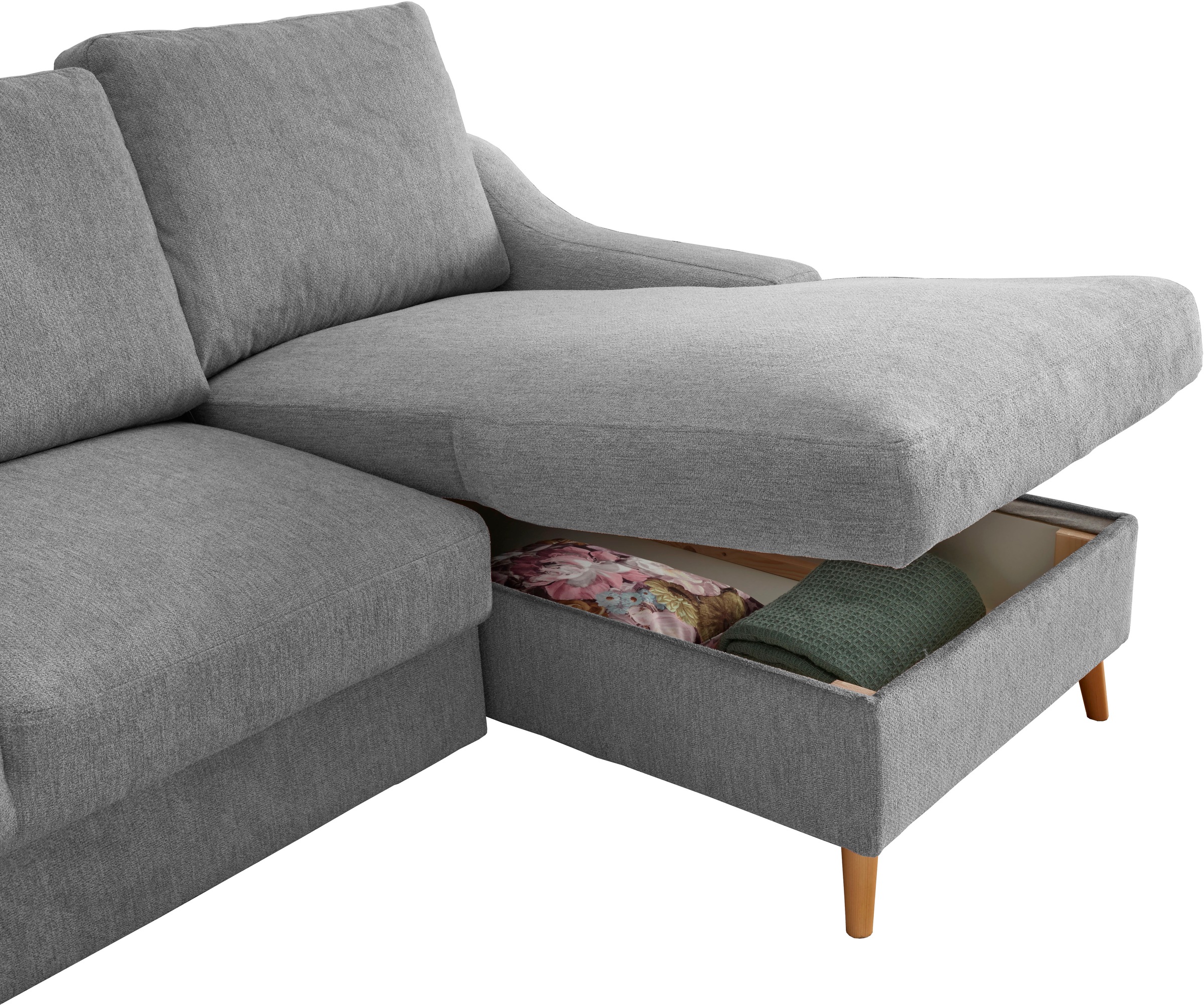 INOSIGN Ecksofa »Valentina L-Form«, 2 Zierkissen, mit Seitentasche, ausziehbarer Liegefläche, Bettkasten