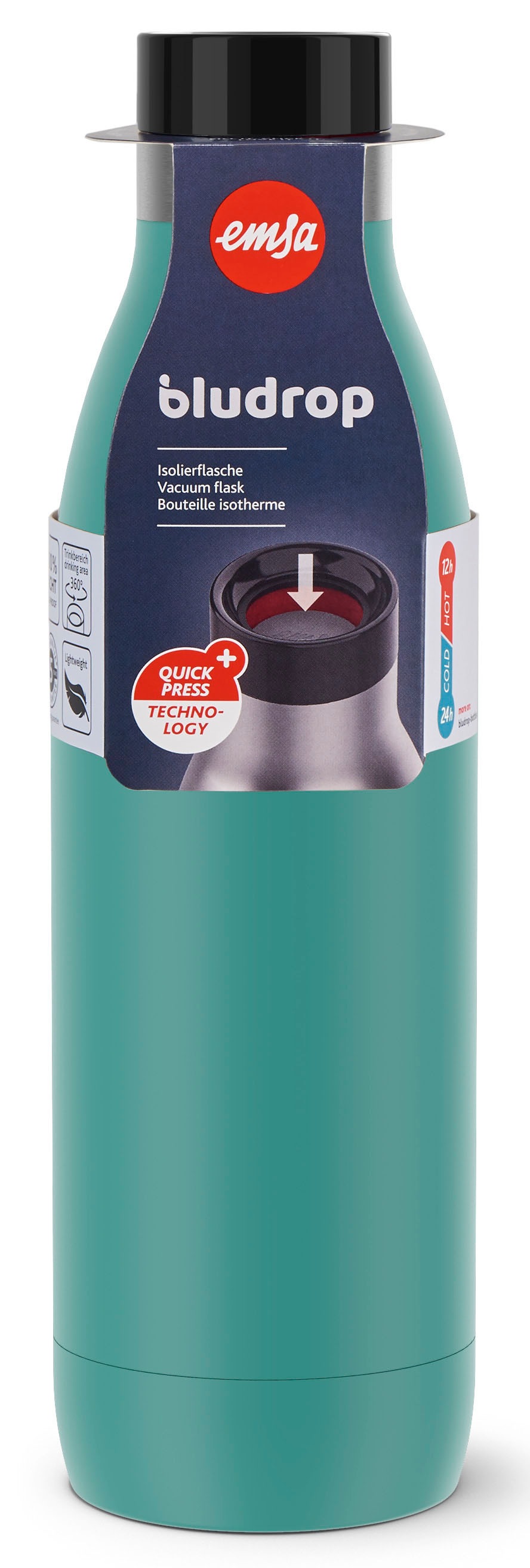 Emsa Isolierflasche »Trinkflasche Bludrop«, (1 tlg.), Edelstahl, Quick-Press Deckel, 360° Trinkgenuss, 12h warm/24h kühl