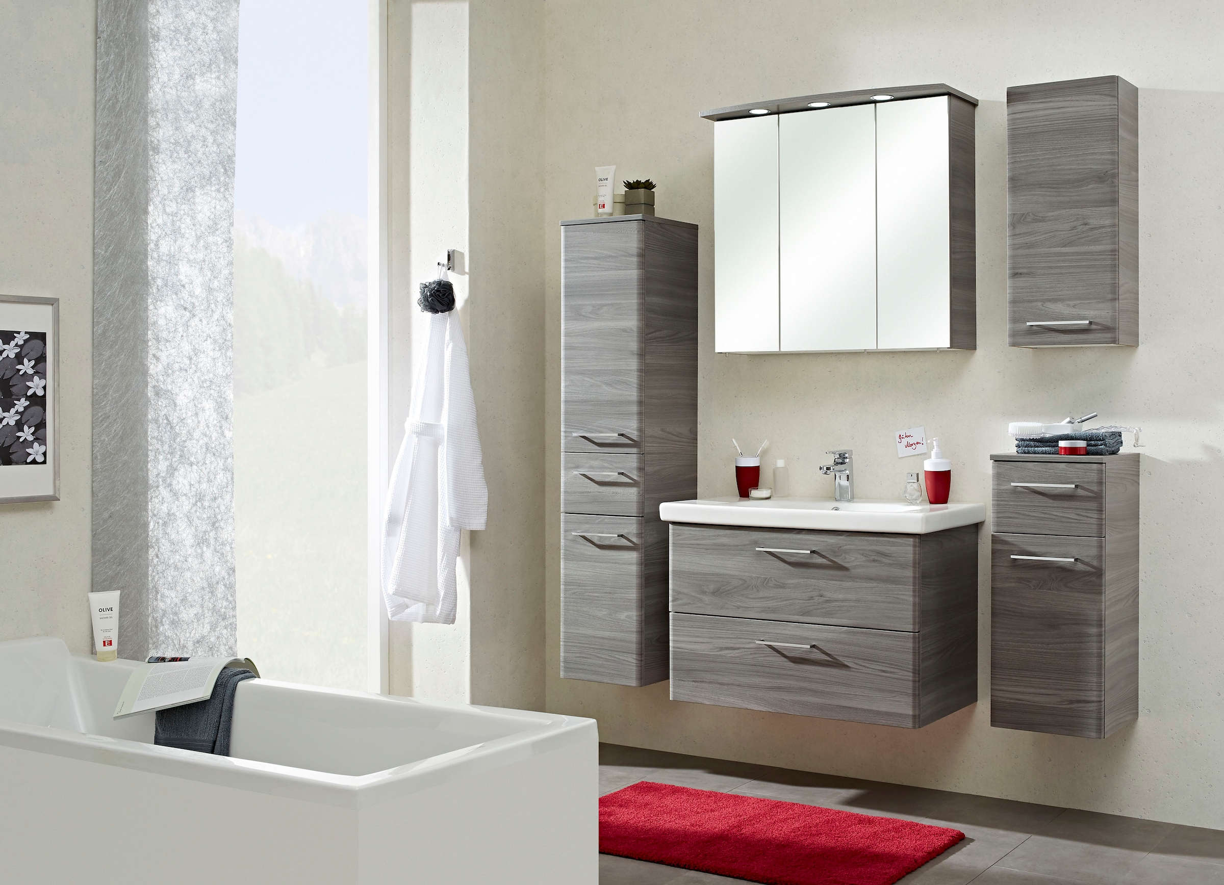 Saphir Unterschrank »Quickset 916 Badschrank mit 1 Tür, 1 Schublade, Griffe Chrom Glanz«, Badezimmer-Unterschrank 30 cm breit in Sangallo Grau quer Nachbildung