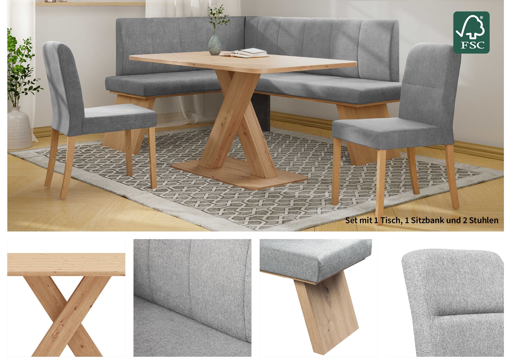 Home affaire Eckbankgruppe »Nina«, (Set, 4 tlg., 4er), Sitzgruppe Esszimmer Stühle Tisch und Bank bequem gepolstert