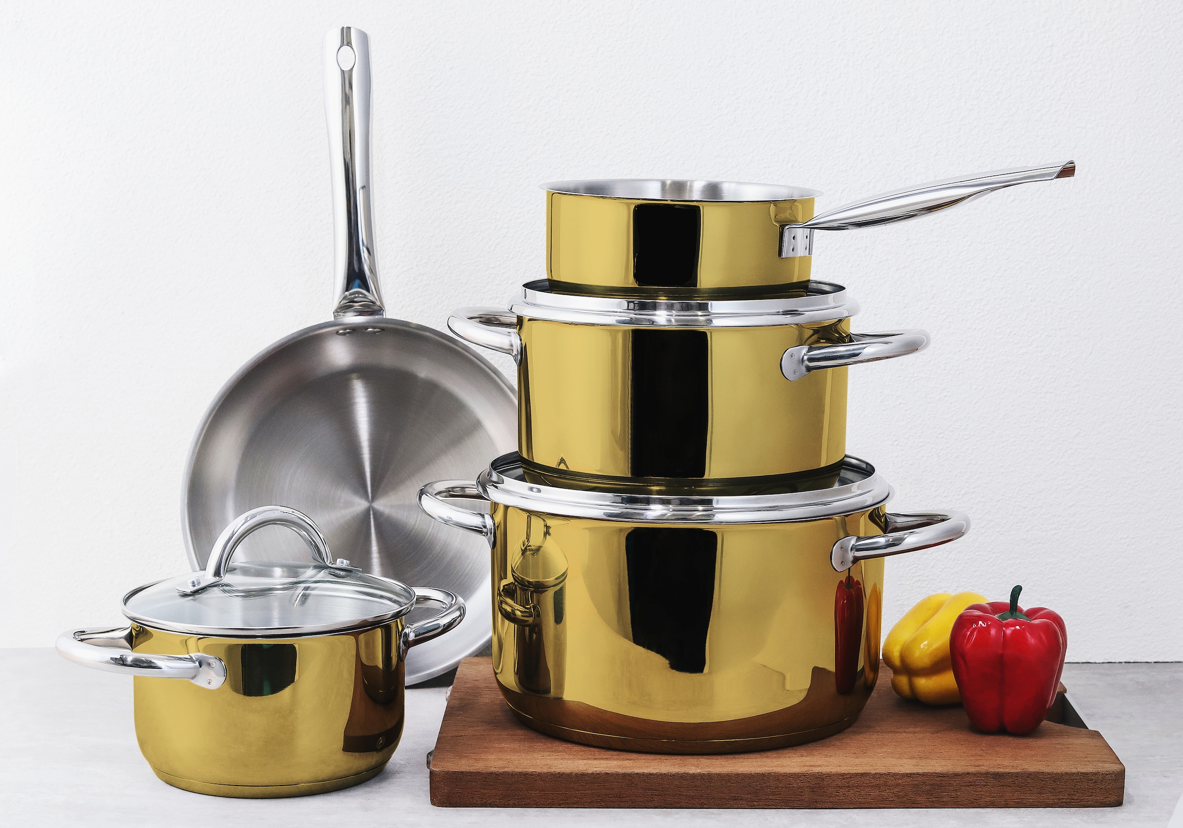 ECHTWERK Topf-Set »Gold-Edition«, Edelstahl 18/8, (Set, 8 tlg., je 1 Kochtopf 16/20/24 cm, Kasserolle 16 cm, Bratpfanne 24 cm), für alle Herdarten geeignet, Induktion