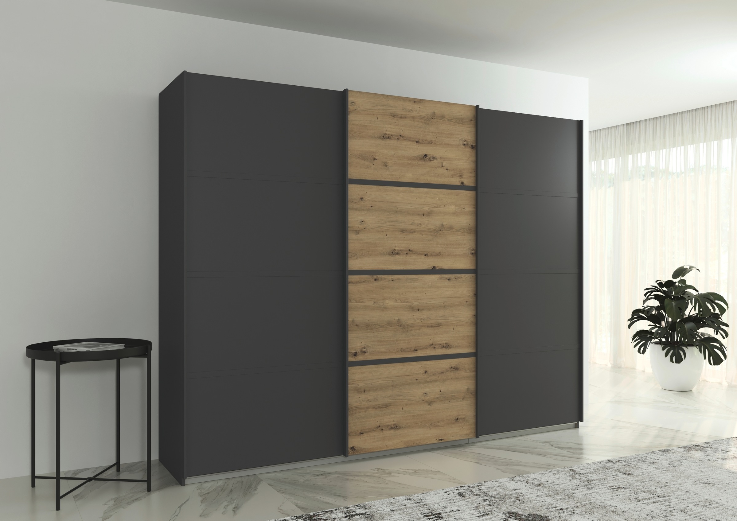 rauch Kleiderschrank »Schwebetürenschrank Garderobe Schrank TOP ANGEBOT Avola«, (in 3 verschiedenen Ausstattungen BASIC/CLASSIC/PREMIUM), mit eleganten Zierleisten in Chrom, Schwarz oder Weiß MADE IN GERMANY