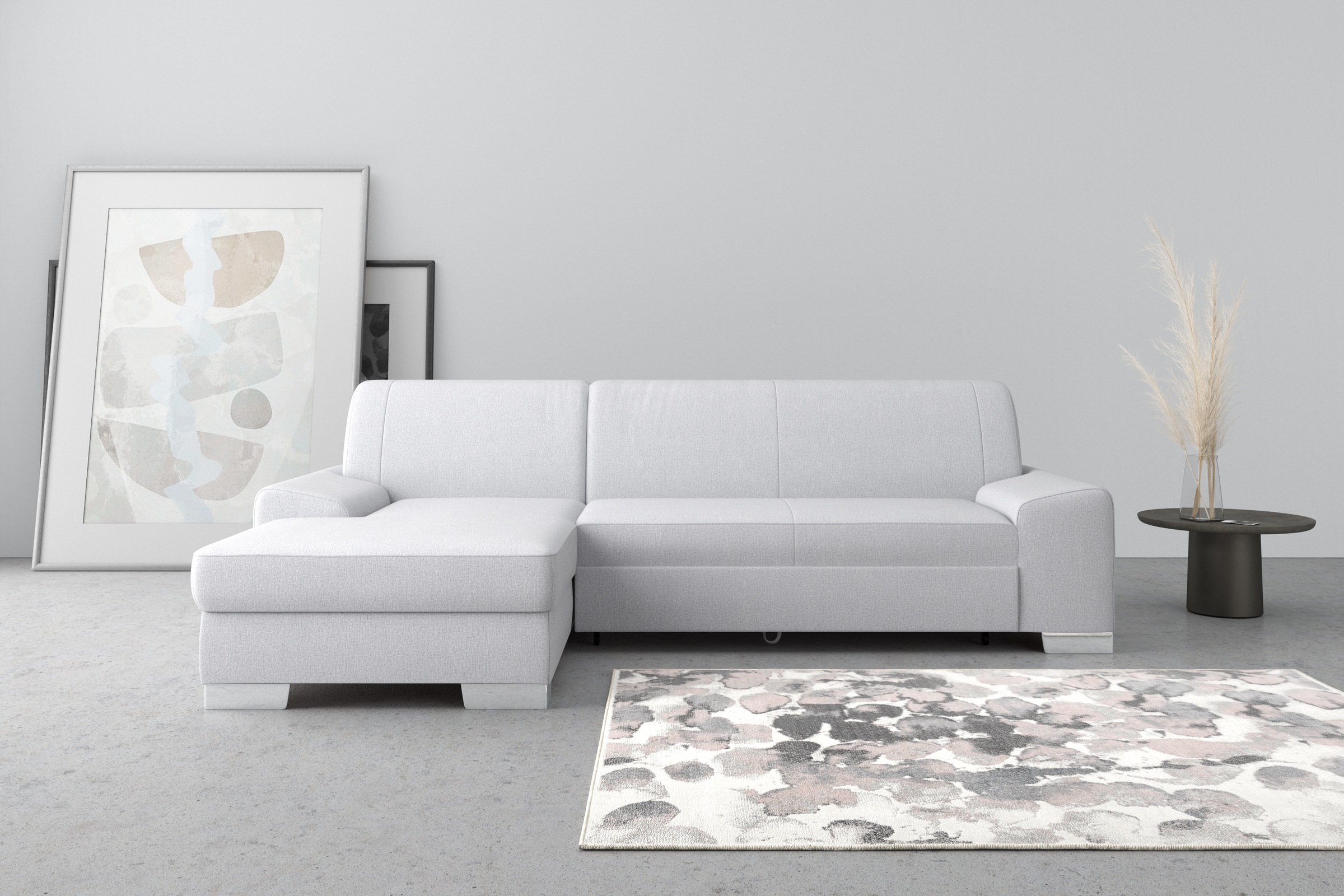 DOMO collection Ecksofa »Anzio L-Form, whlw. Bettfunktion, Federkern, hochwertig, Breite 271 cm«, Mit Bettfunktion, Recamiere links, Feinstruktur, silber