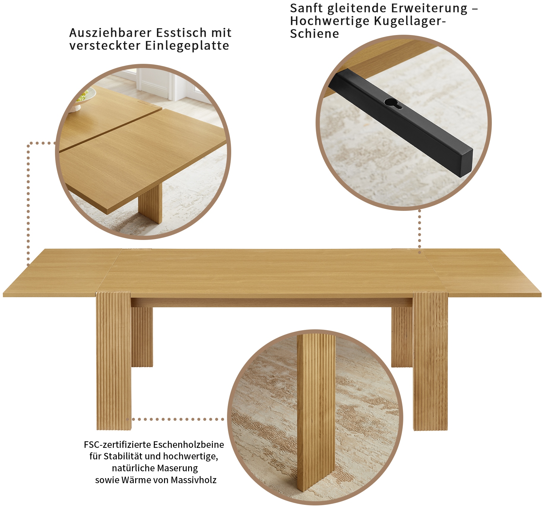 OTTO home Esstisch »Peregrin, verlängerbar von 180 - 270 cm« Melaminoberfläche, robustes Eschenholzgestell, Verlängerungsfunktion