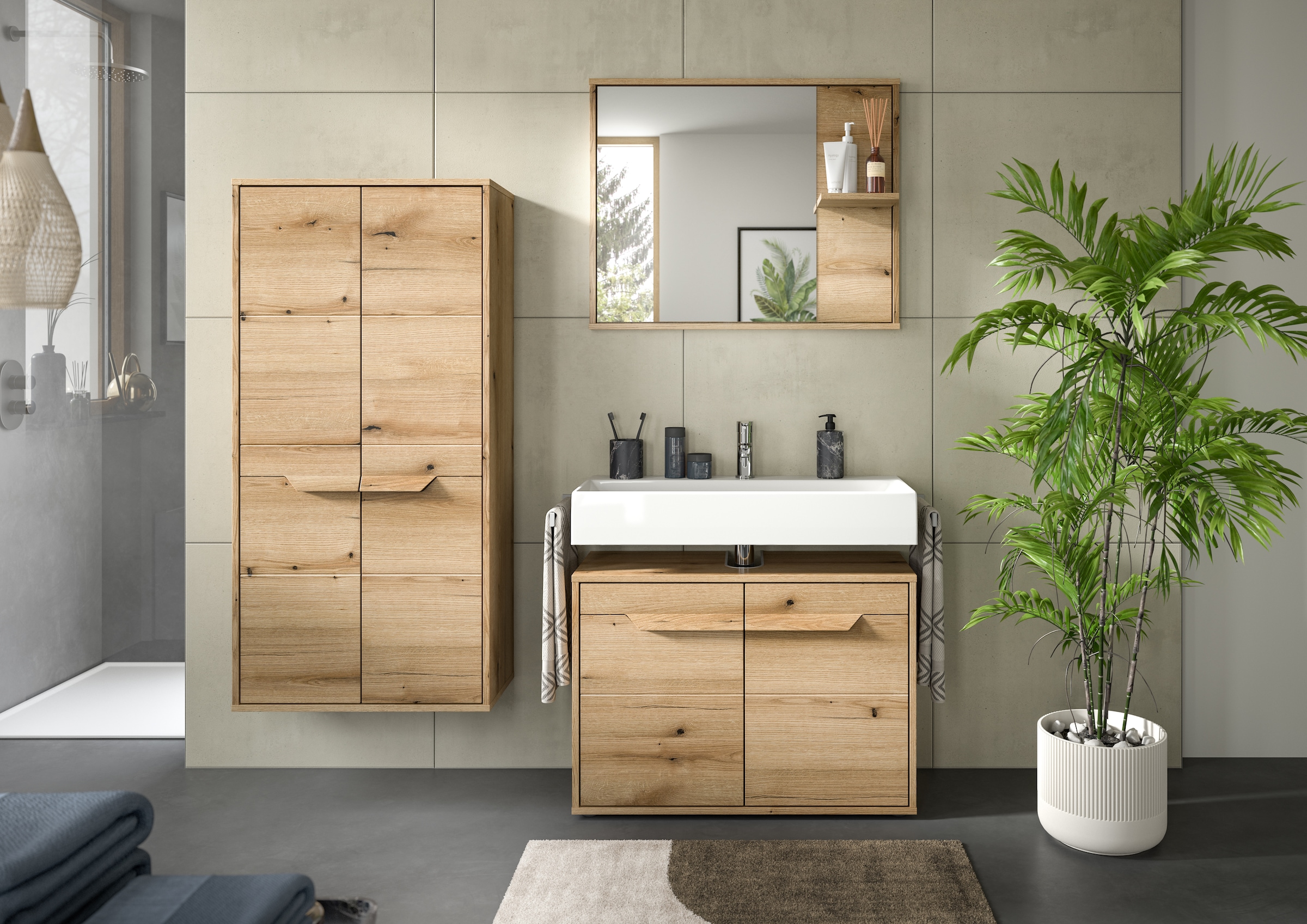 welltime Badmöbel-Set »Kayu, bestehend aus: Midischrank, Waschbeckenunterschrank,«, Spiegelschrank, hochwertige MDF Front mit Rillenfräsung, Bad, Bad Set