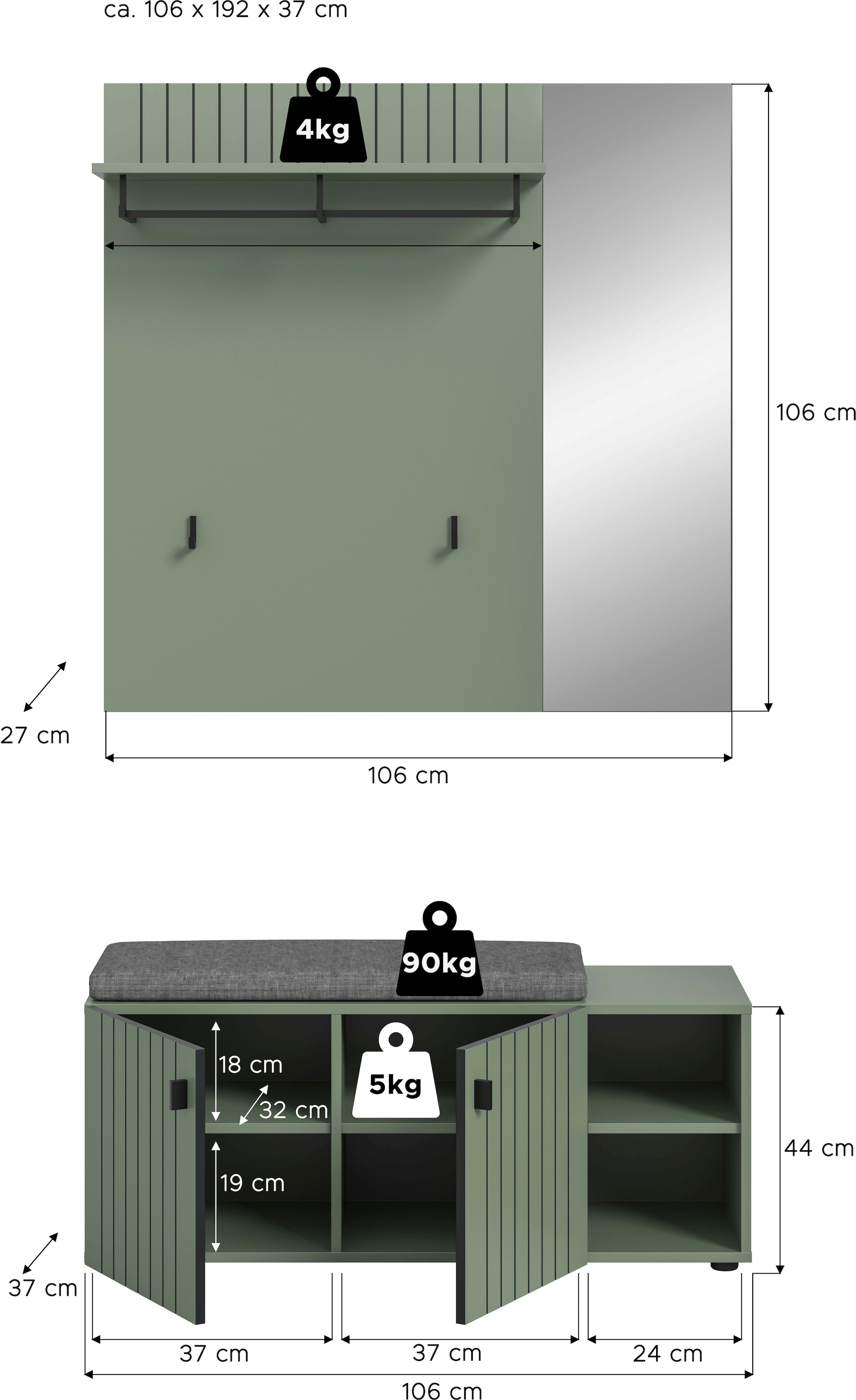 INOSIGN Garderoben-Set »TATIO, 3-tlg. Garderobenkombination, Breite: 106 cm, Rillenfräsung« Set, Set, best. aus: 1Paneel, 1 Garderobensitzbank inkl. Kissen, 3 Stk. tlg.