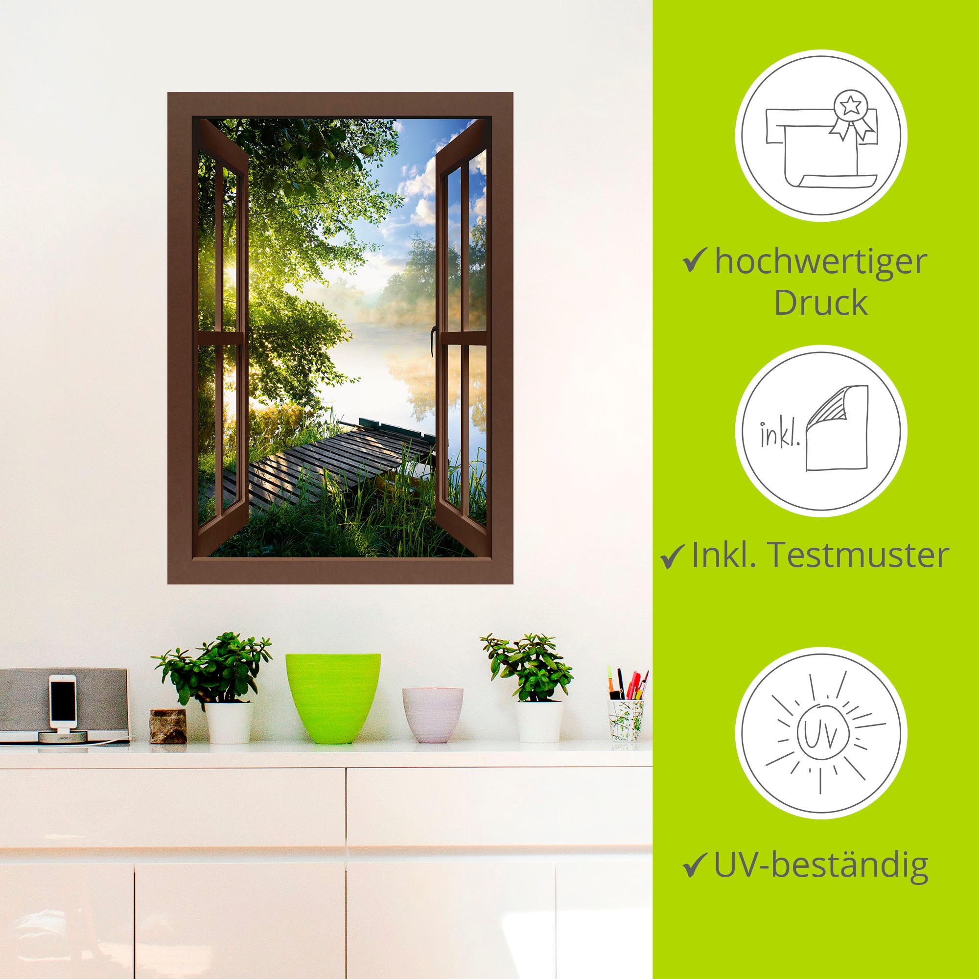 Artland Wandbild »Fensterblick Angelsteg am Fluss«, Fensterblick, (1 St.), als Alubild, Outdoorbild, Leinwandbild, Poster, Wandaufkleber