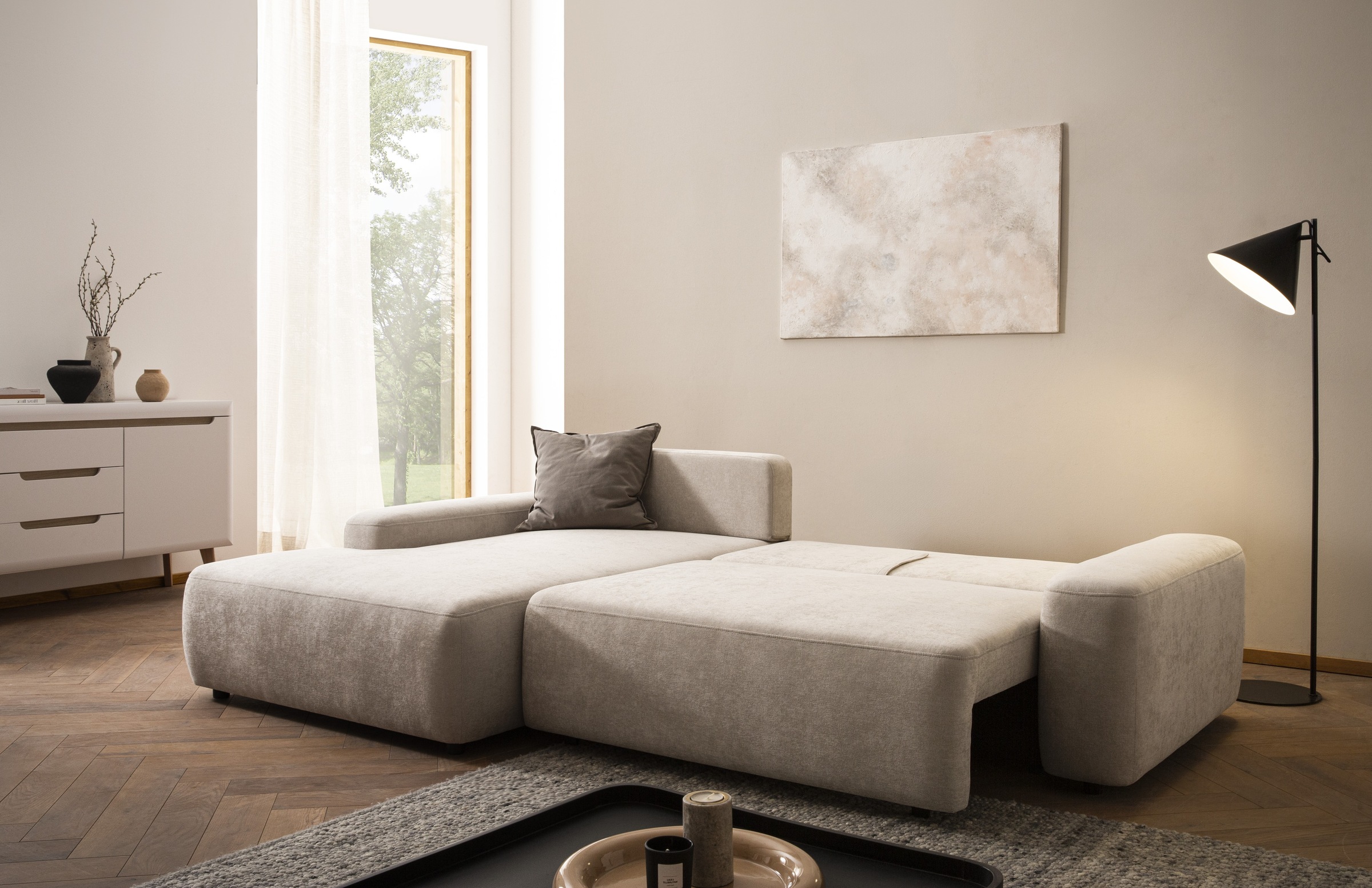 INOSIGN Ecksofa »TORGE (264cm), Schlafsofa in Cord, Samtvelours o Struktur fein, L-Form«, Schlaffunktion, Bettkasten, Liegefläche: 125/210 cm