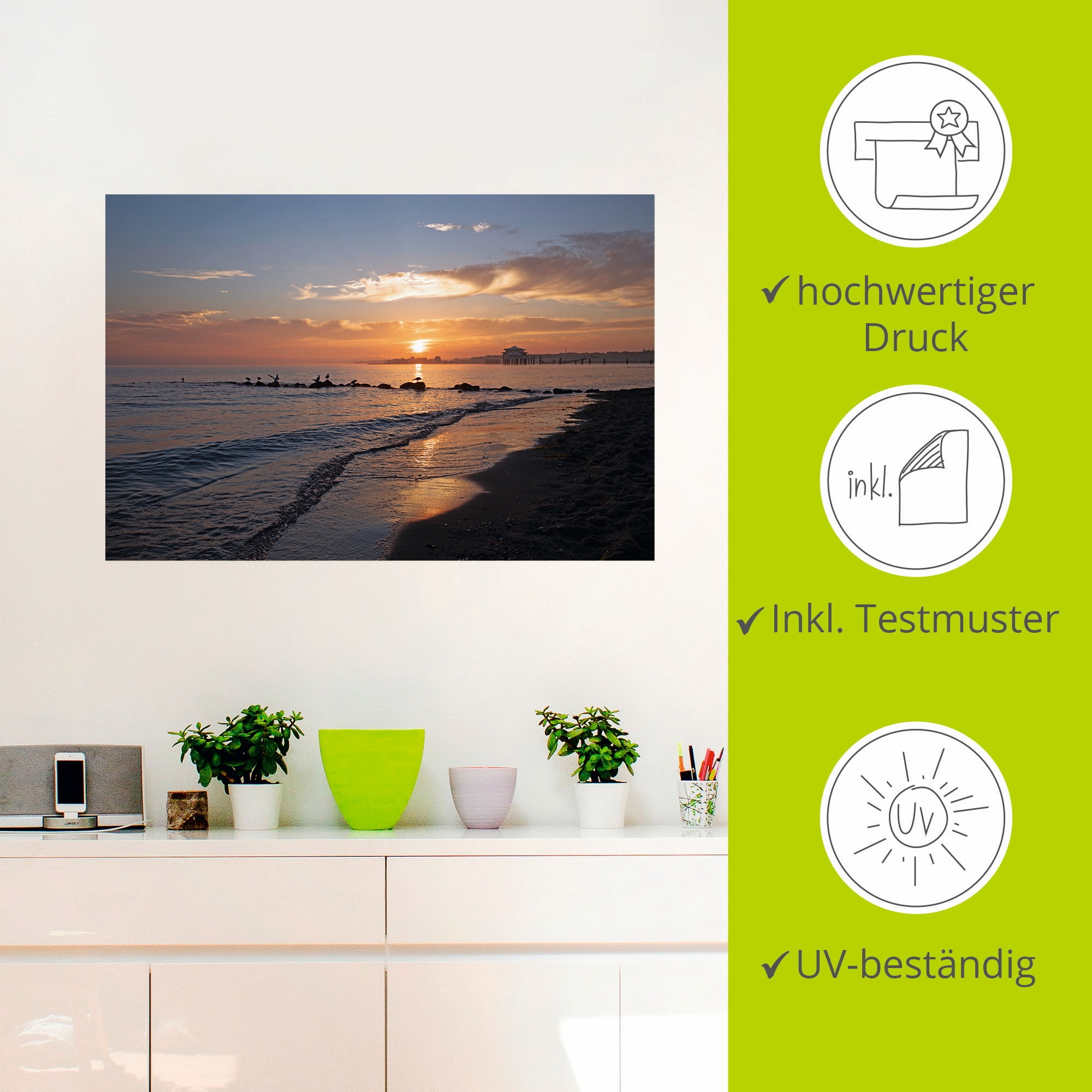 Artland Wandbild »Sonnenaufgang am Ostseestrand«, (1 Stück), in vielen Größen & Produktarten - Alubild / Outdoorbild für den Außenbereich, Leinwandbild, Poster, Wandaufkleber / Wandtattoo auch für Badezimmer geeignet