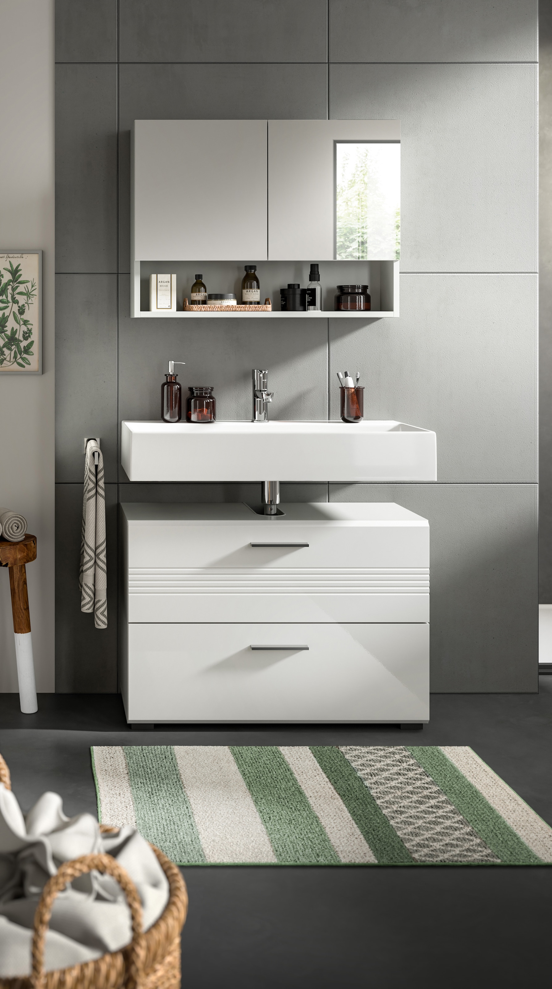 welltime Badmöbel-Set »Calicio, bestehend aus: Waschbeckenunterschrank, Spiegelschrank«, (2 St.), hochwertige MDF Front mit Rillenfräsung