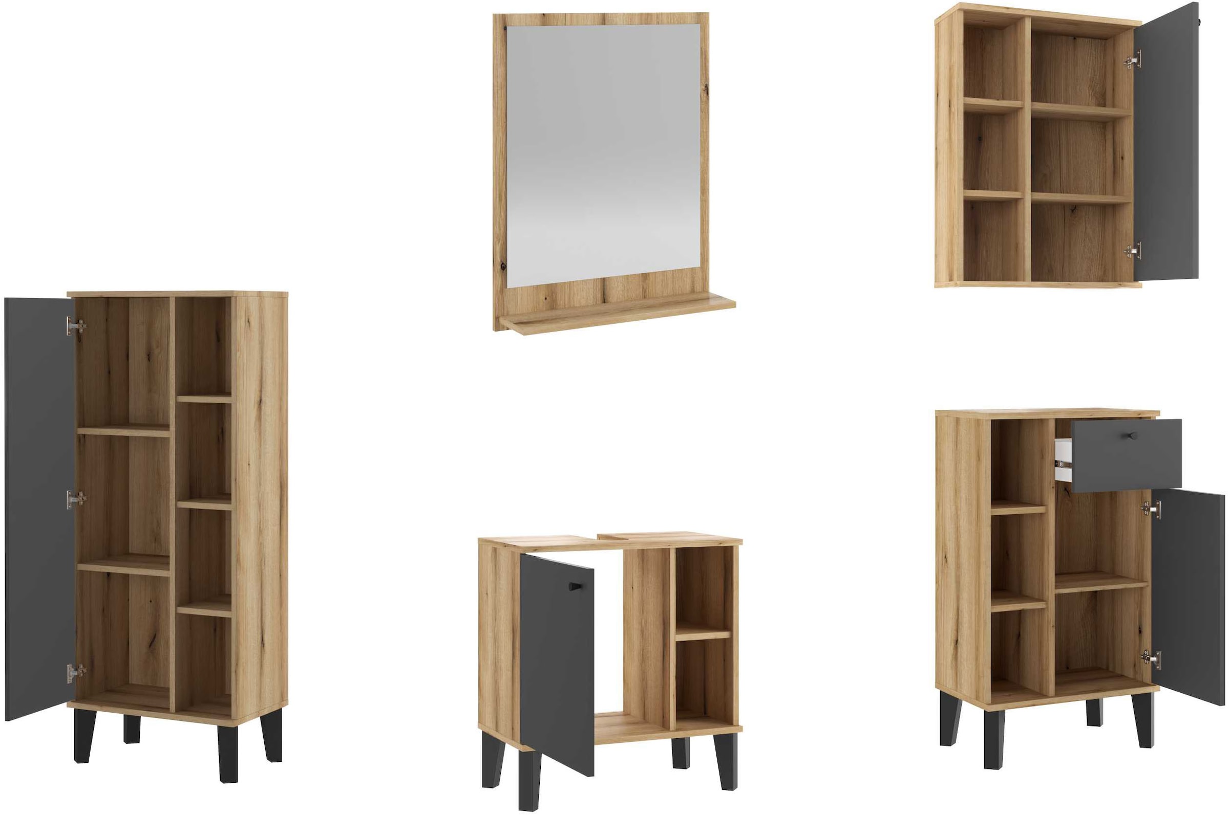 INOSIGN Badmöbel-Set »OSLO, Bad im skandinavischen Design, 5-teiliges Badezimmer«, (Set, 5 St.), Badschränke und Spiegel, in zwei Farben verfügbar, viel Stauraum