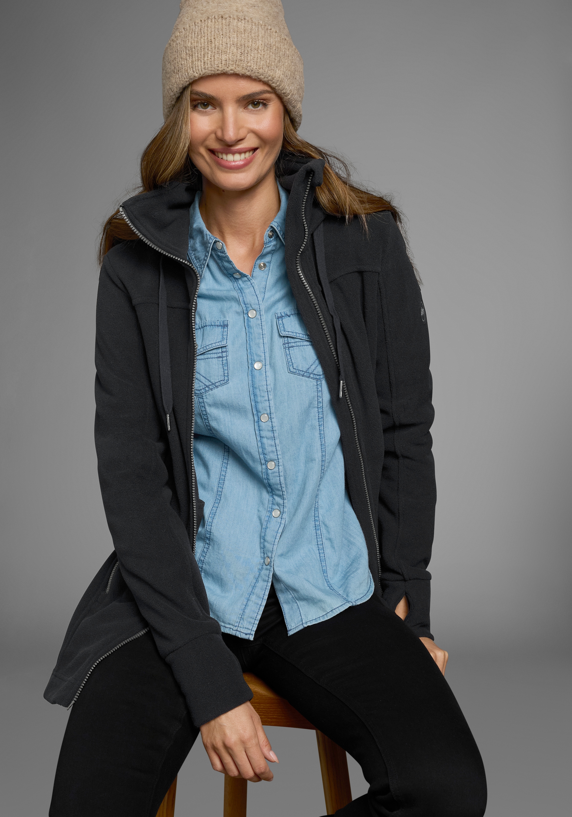 Polarino Fleecejacke, mit Kapuze, aus Fleece, atmungsaktiv, schnell trocknend
