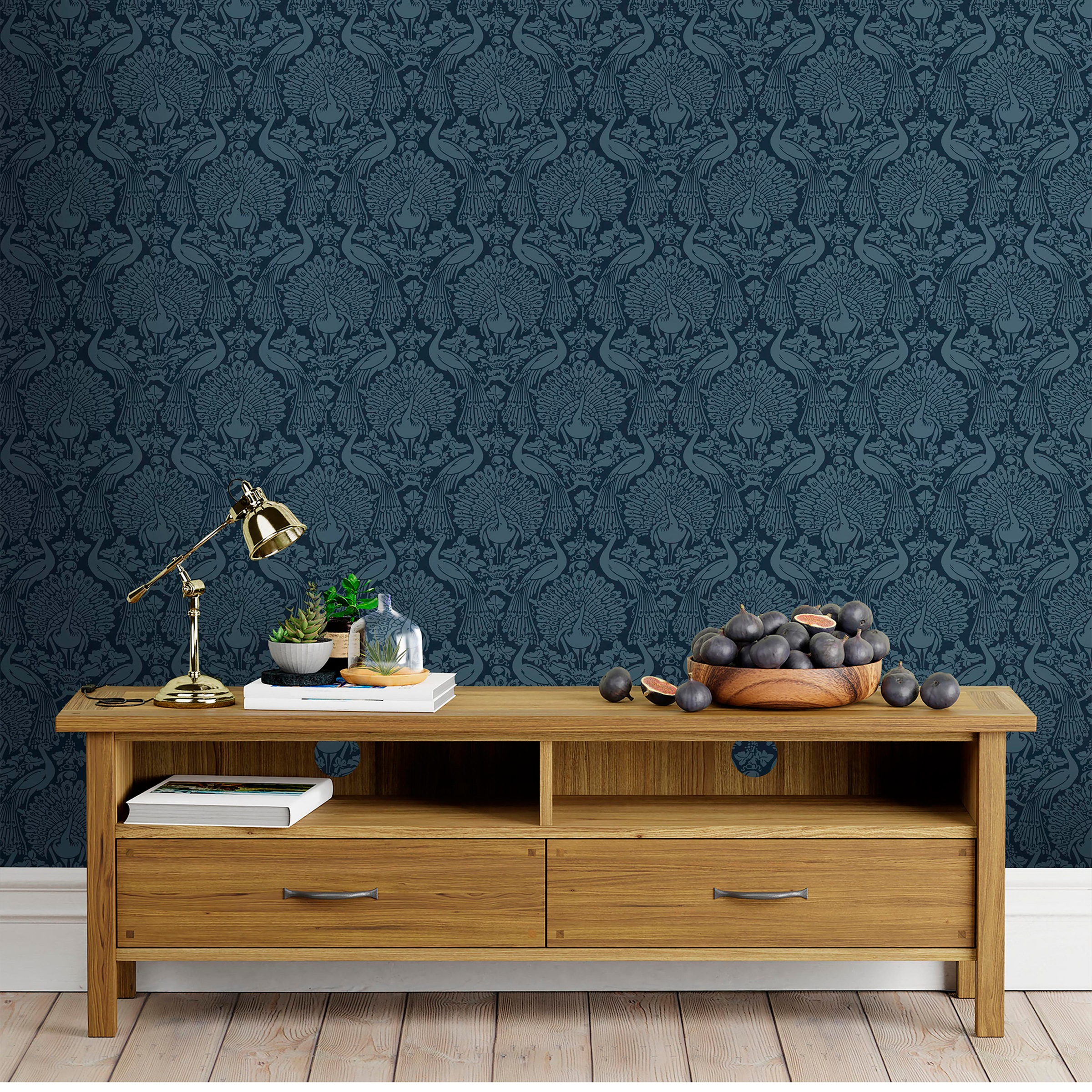 LAURA ASHLEY Vliestapete »Laura Ashley Peacock Damask Dusky Seaspray Vliestapete«, animal print, Laura Ashley Peacock Damask Dusky Seaspray Vliestapete