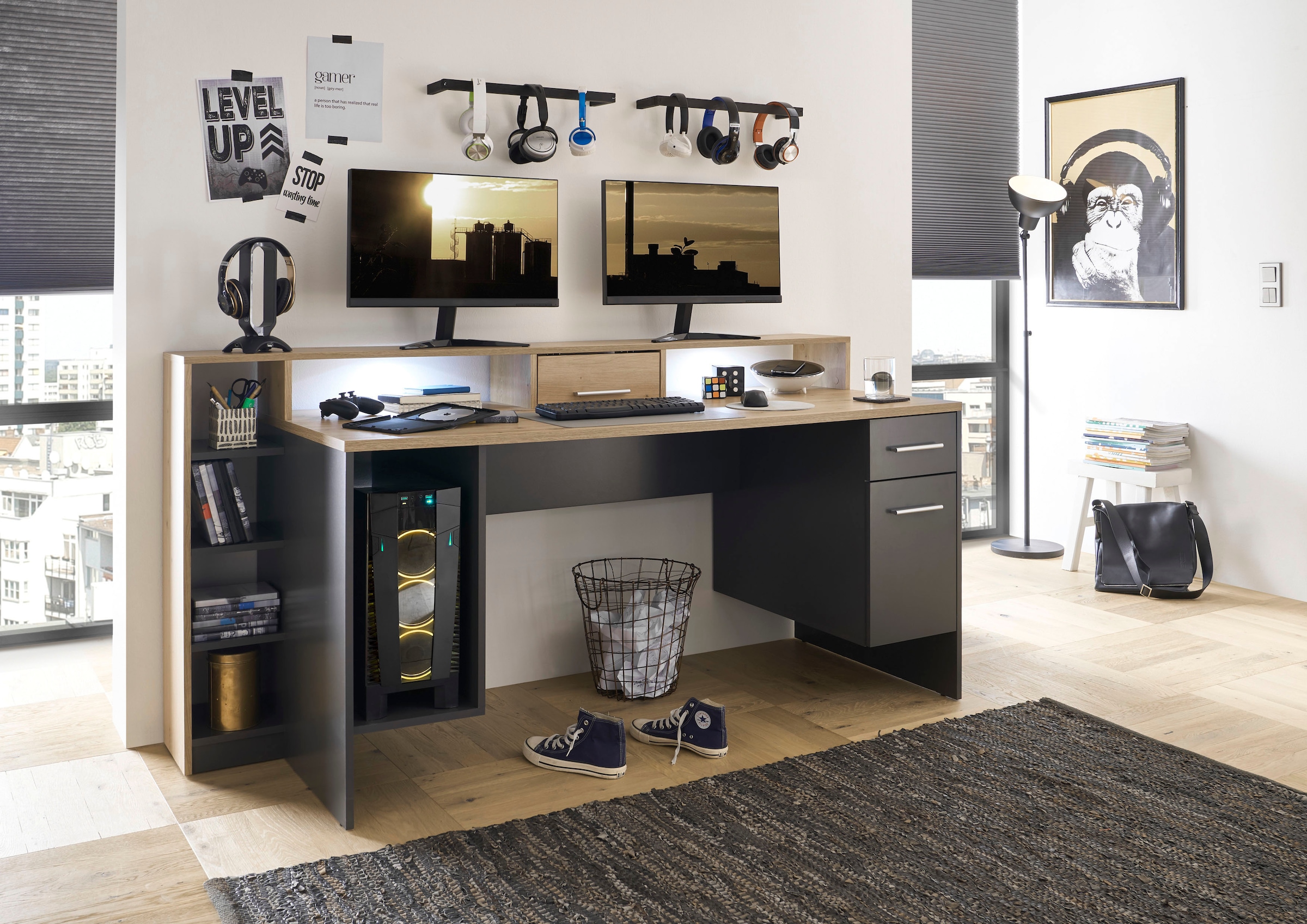 BEGA OFFICE Gamingtisch »Highscore 4«, Grau inkl. LED Beleuchtung, Computertisch mit Desktopfach