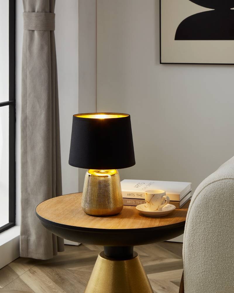 EGLO Tischleuchte »MANALBA 1«, 1 flammig, Leuchtmittel E14 | ohne Leuchtmittel, Textil Nachttischlampe, Keramik, gold, Tischleuchte, Schlafzimmer
