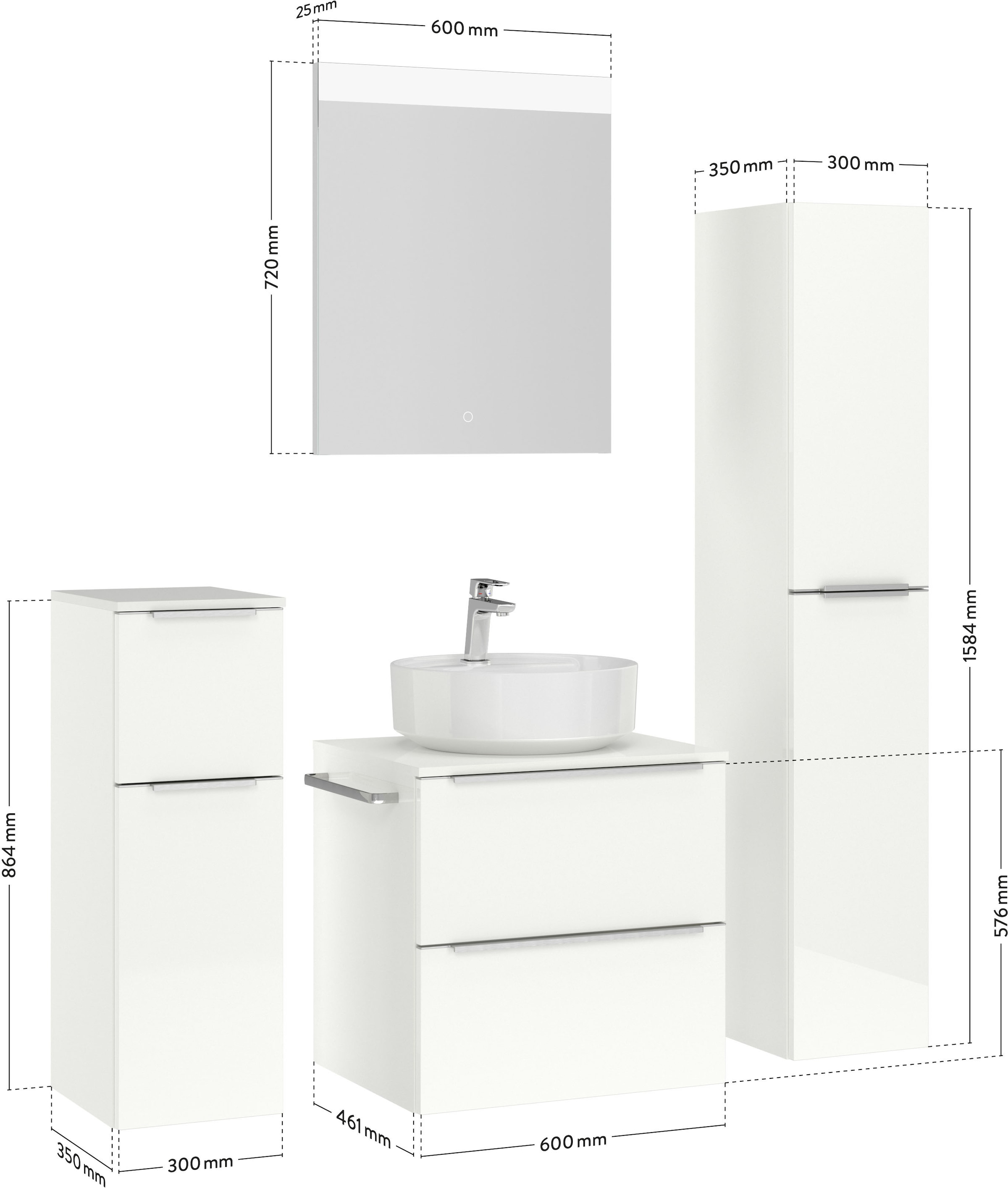 nobilia® Badmöbel-Set »Alvene«, (4 St., vormontiert, mit Soft-Close), Hochglanz, inkl. Spiegel mit Touch-Sensor, in vier Breiten