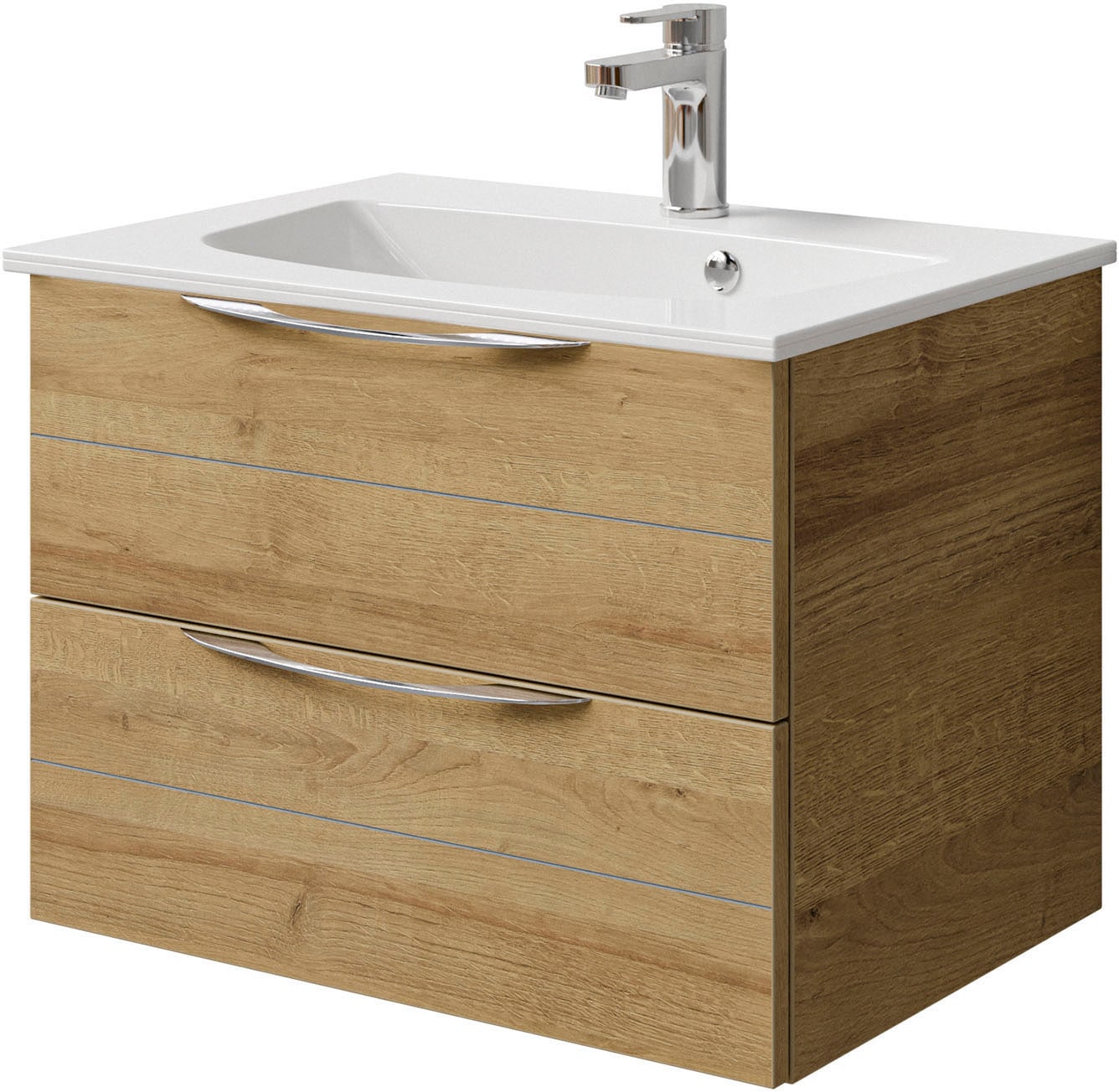 Saphir Badmöbel-Set »Serie 6025 2-teilig Mineralmarmor-Waschtisch mit LED-Spiegelschrank«, (2 St.), Waschplatz 67 cm breit, 2 Schubladen, 2 Spiegel-Türen, inkl Türdämpfer