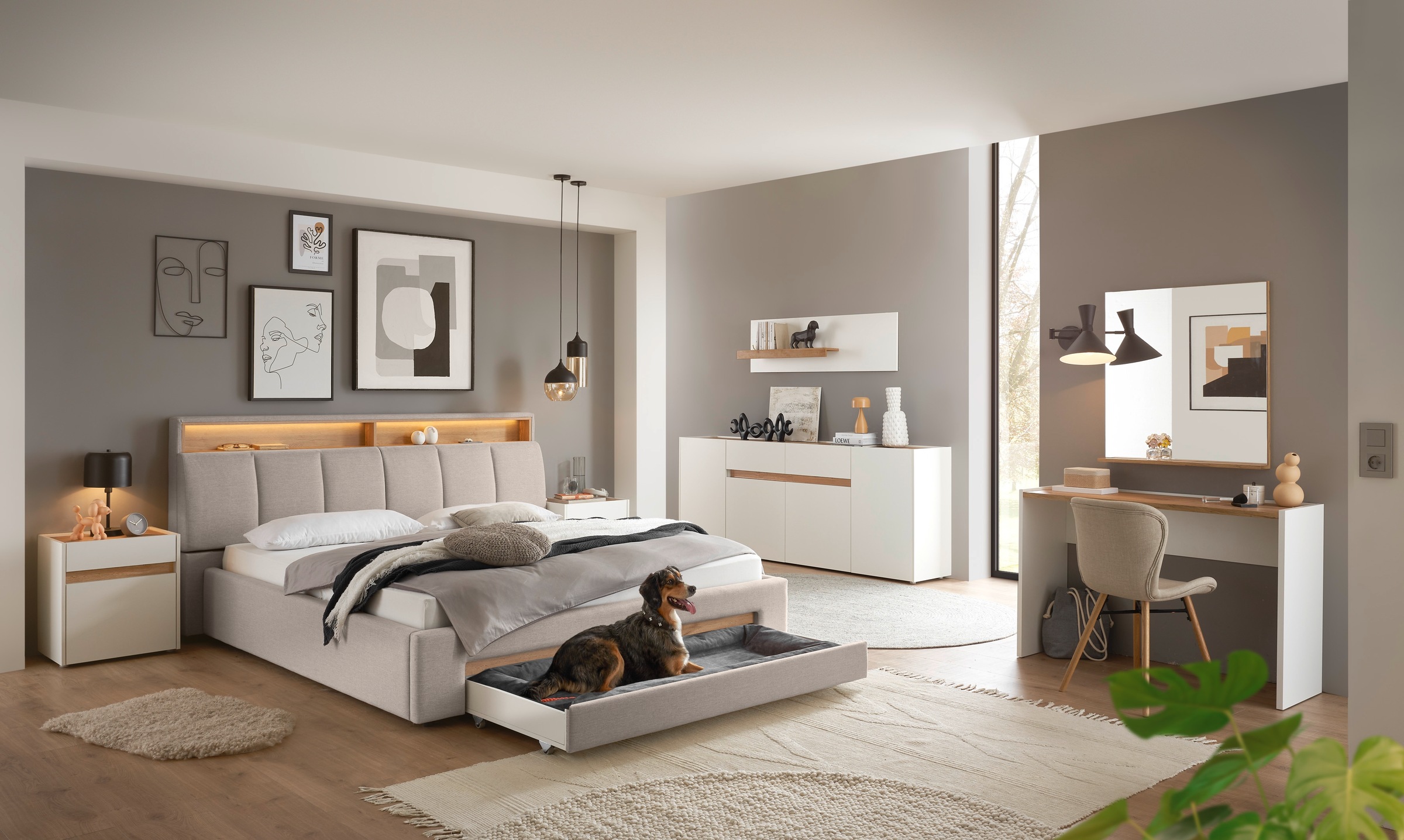 INOSIGN Polsterbett »CiTY/GiRON, gepolstertes Stauraumbett, mit LED Beleuchtung«, Bettkasten mit Hundebett oder als Stauraum, klappbare Kopfteile