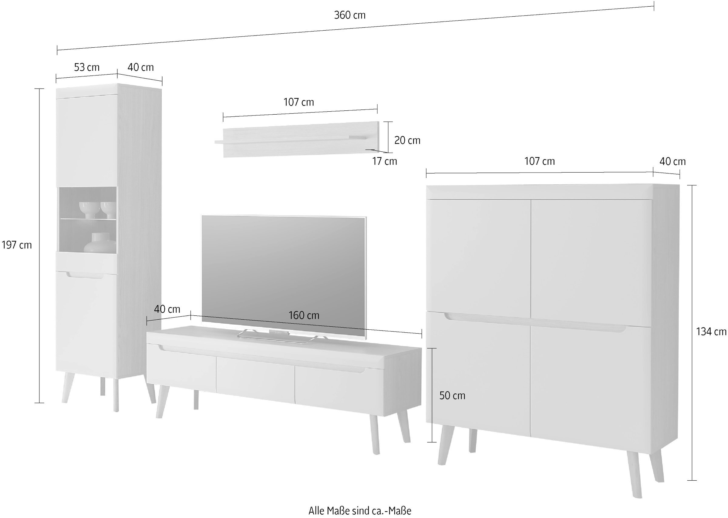 INOSIGN Wohnwand »Torge, Anbauwand, Schrankwand, Mediawand, Wohnzimmer-Set«, (Set, 4 St.), enthält 1 Vitrine, 1 Lowboard, 1 Highboard + 1 Wandboard, 360 cm breit
