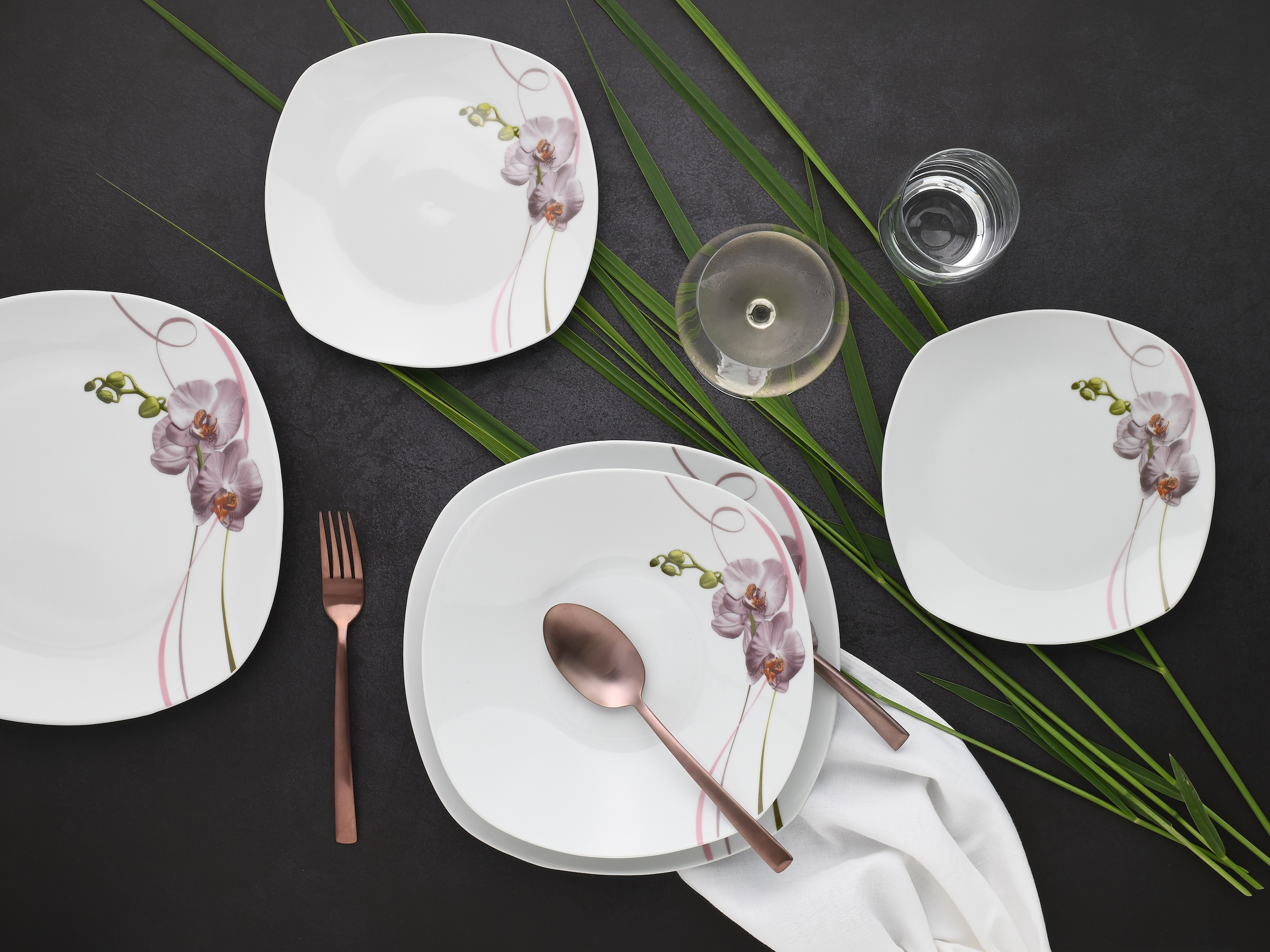 CreaTable Teller-Set »Square Orchidee, Tellerset 18-tlg«, (Set, 18 tlg.), Fotorealistische Darstellung