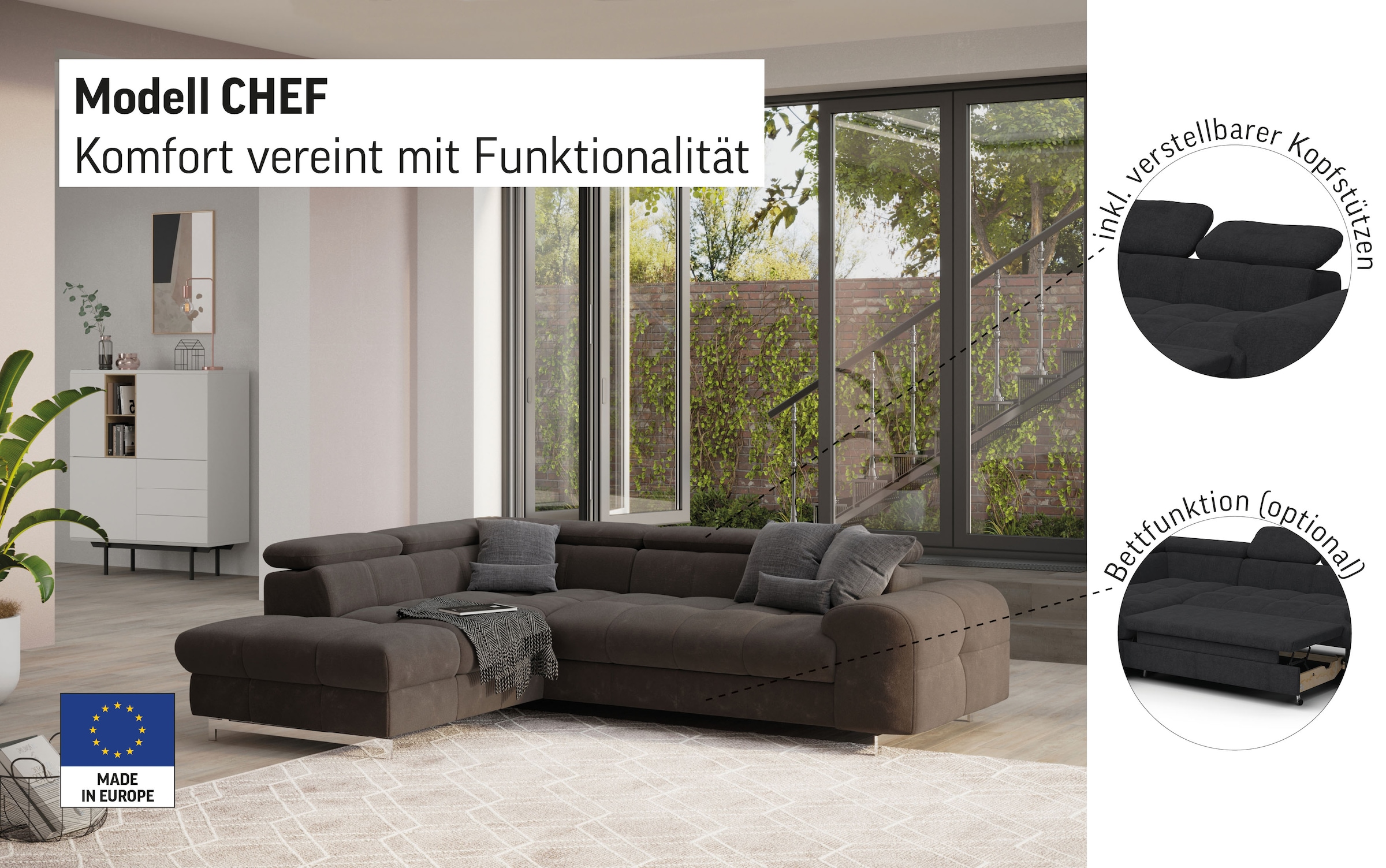 COTTA Ecksofa »Chef L-Form«, mit Kopfteilverstellung, edle Metallkufen, wahlweise mit Bettfunktion