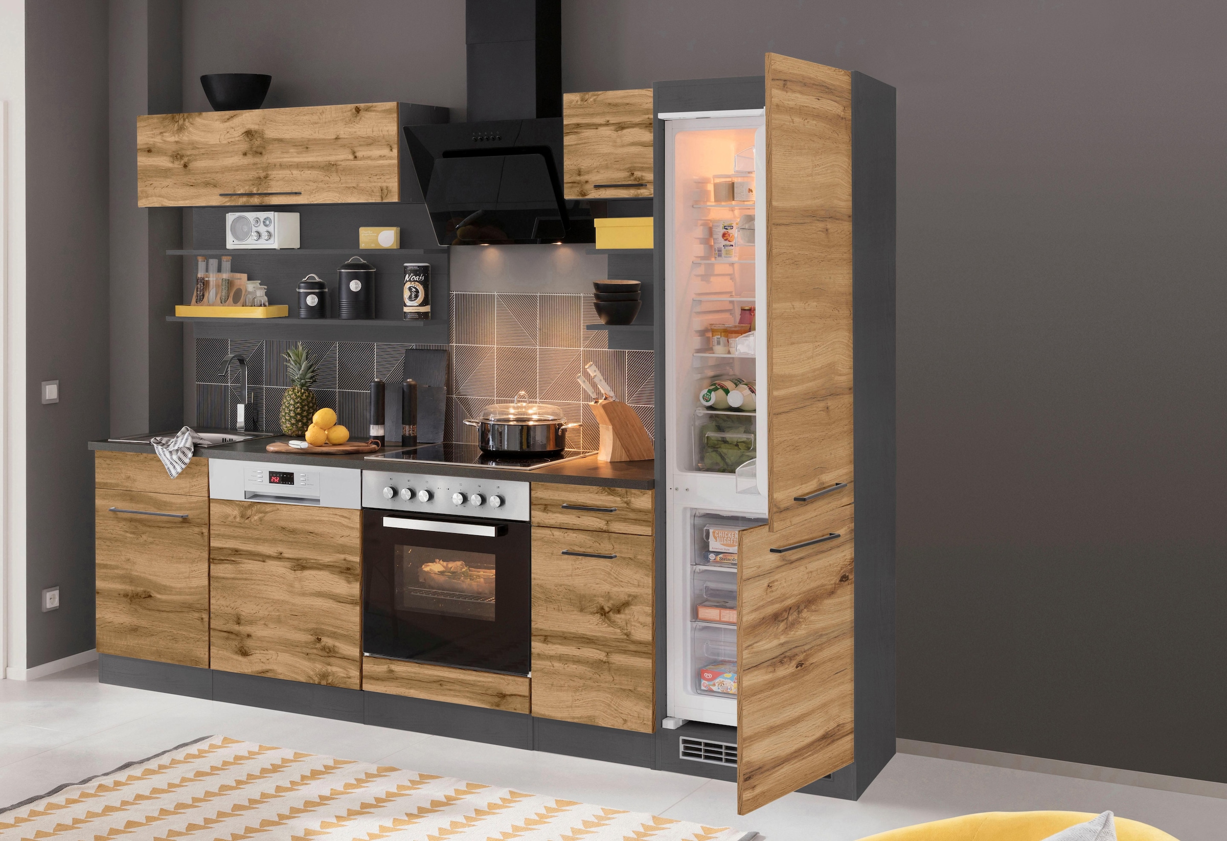 KOCHSTATION Küchenzeile »KS-Tulsa« mit E-Geräten, Breite 270 cm, schwarze Metallgriffe, MDF Fronten