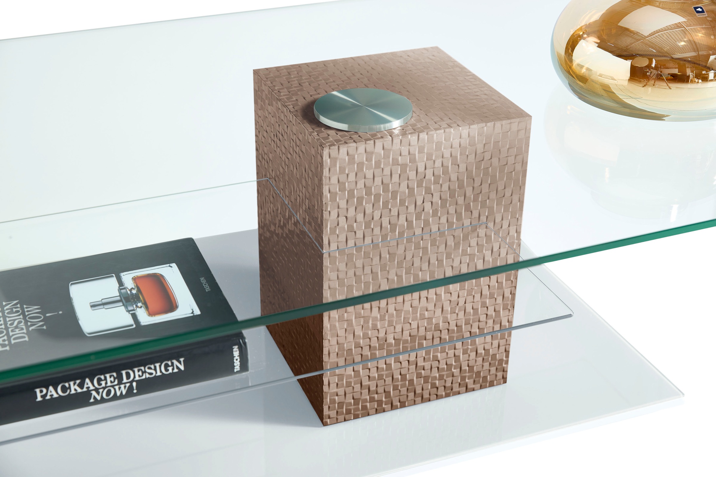 LEONARDO Couchtisch »AUREA« mit Pailletten-Akzent an der Säule, mit Tischplatte und Ablageplatte Lack palazzo/Paillette palazzo + Klarglas