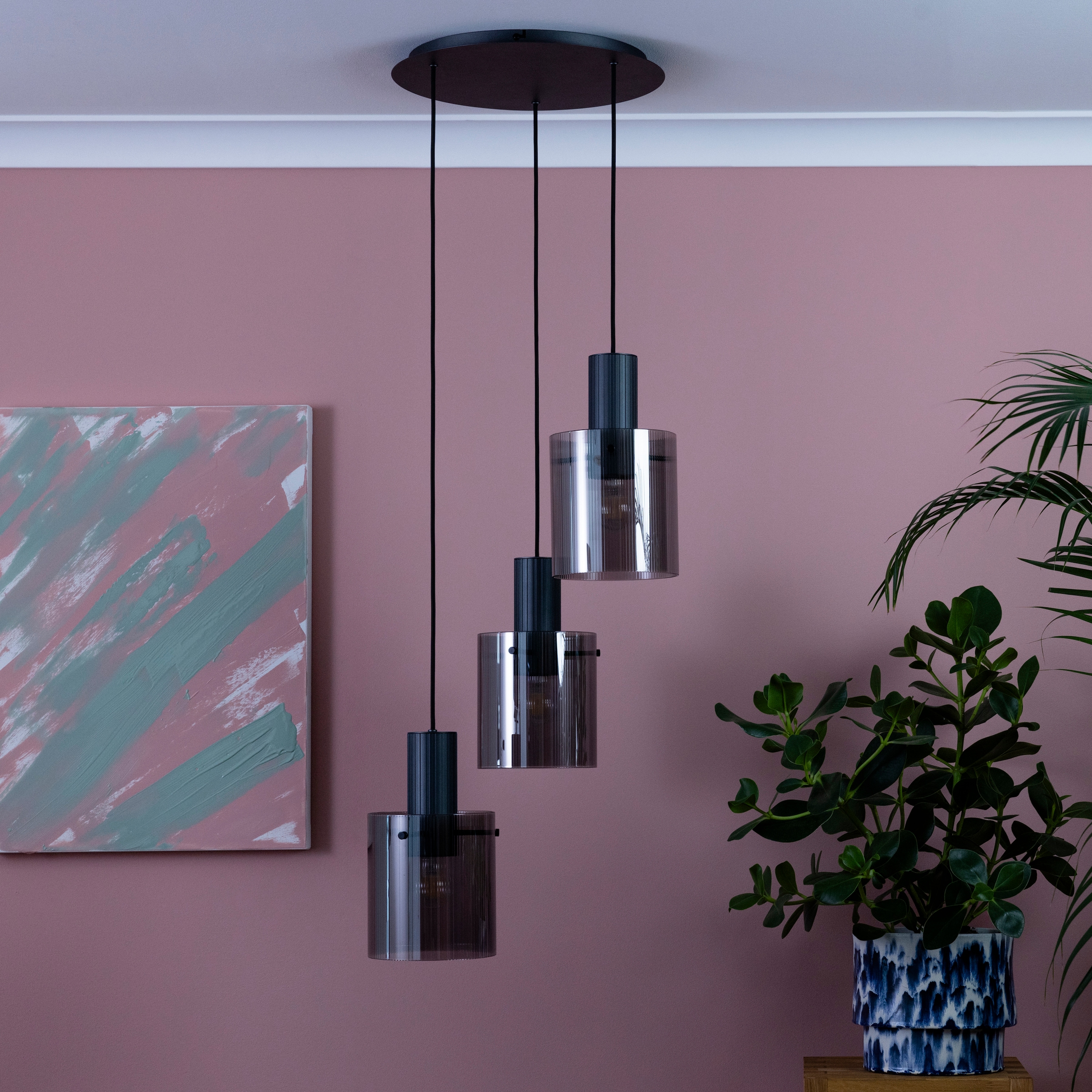 Brilliant Pendelleuchte »Riffelini«, 3 flammig, Leuchtmittel E27 | ohne Leuchtmittel, 150 x 48 cm, 3x E27, kürzbar, geriffeltes Rauchglas, anthrazit