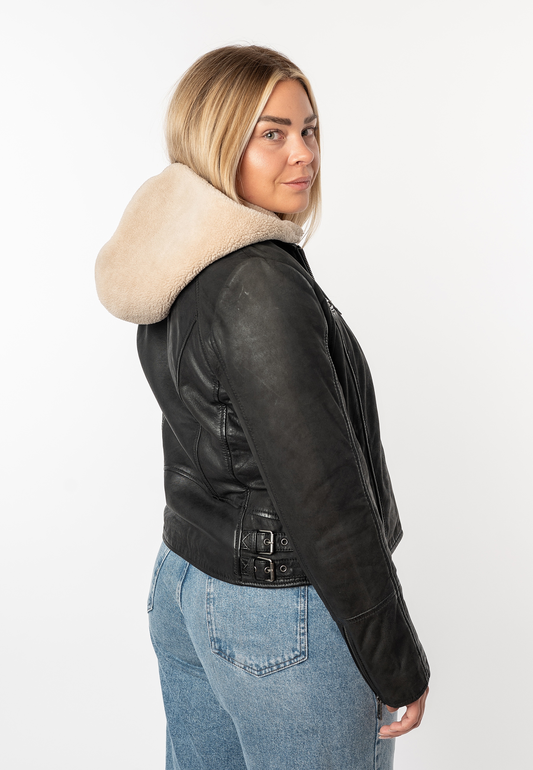Mauritius Lederjacke »MWNedra« mit Kapuze mit abknöpfbarer Teddyplüsch-Kapuze