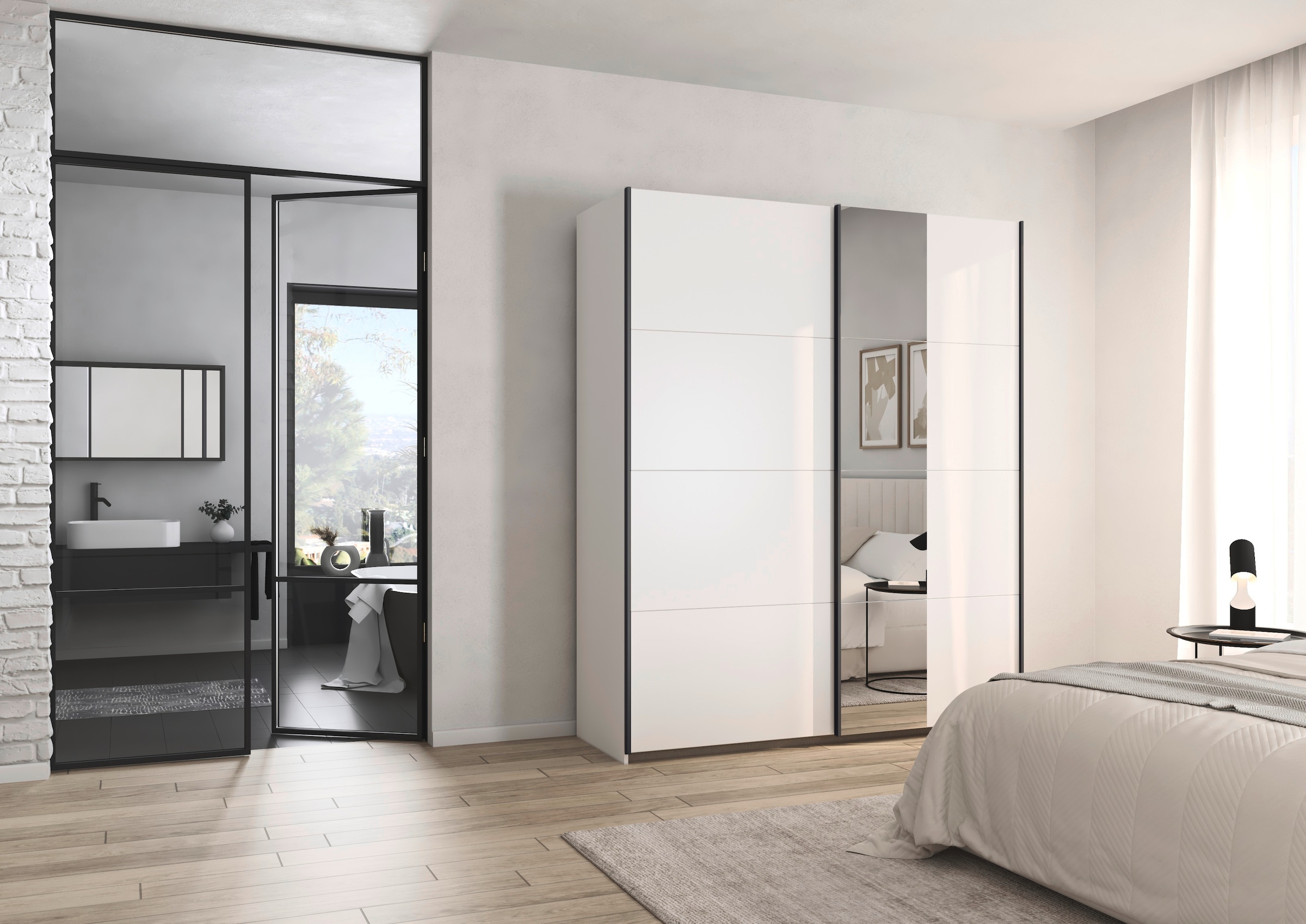rauch Schwebetürenschrank »Kleiderschrank Schrank Garderobe Schlafzimmerschrank OXFORD«, (in 3 verschiedenen Ausstattungen BASIC/CLASSIC/PREMIUM), mit Griffleisten aus Metall, auch für kleinere Räume MADE IN GERMANY