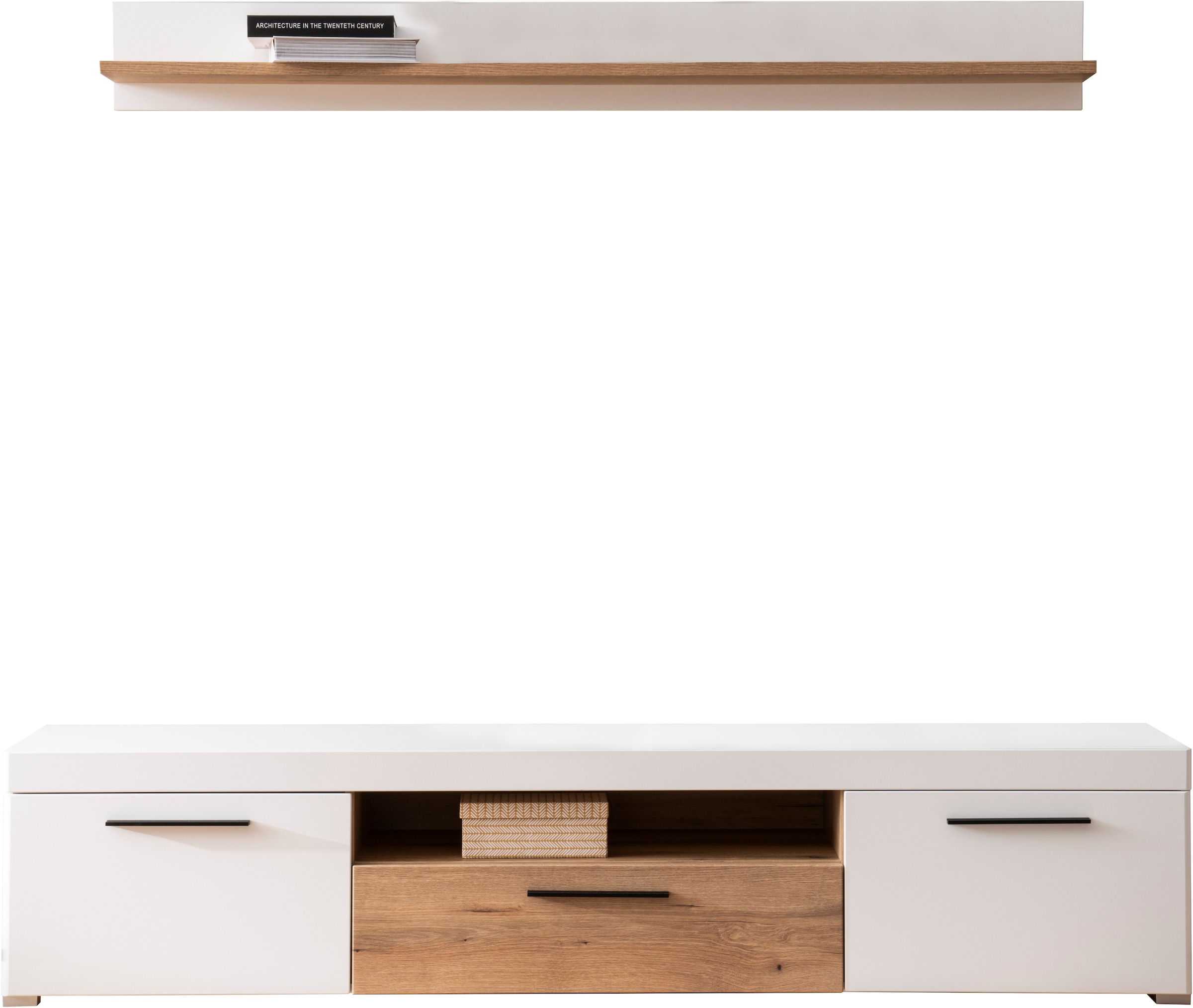 INOSIGN Wohnwand »Salerno, moderne Anbauwand, Wohnzimmer-Set, Weiß mit Eiche Evoke Dekor«, (Set, 2 St.), enthält Lowboard + Wandboard, Metallgriffe, 205 cm breit