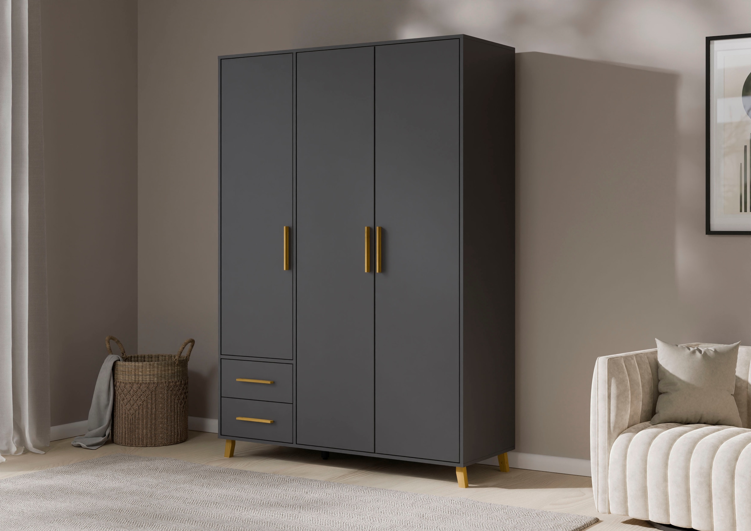 rauch Drehtürenschrank »Kleiderschrank Schrank Garderobe Wäscheschrank SHINJO«, (in 3 verschiedenen Ausstattungen BASIC/CLASSIC/PREMIUM), Griffe und Füße aus Massivholz mit 2 Schubladen MADE IN GERMANY