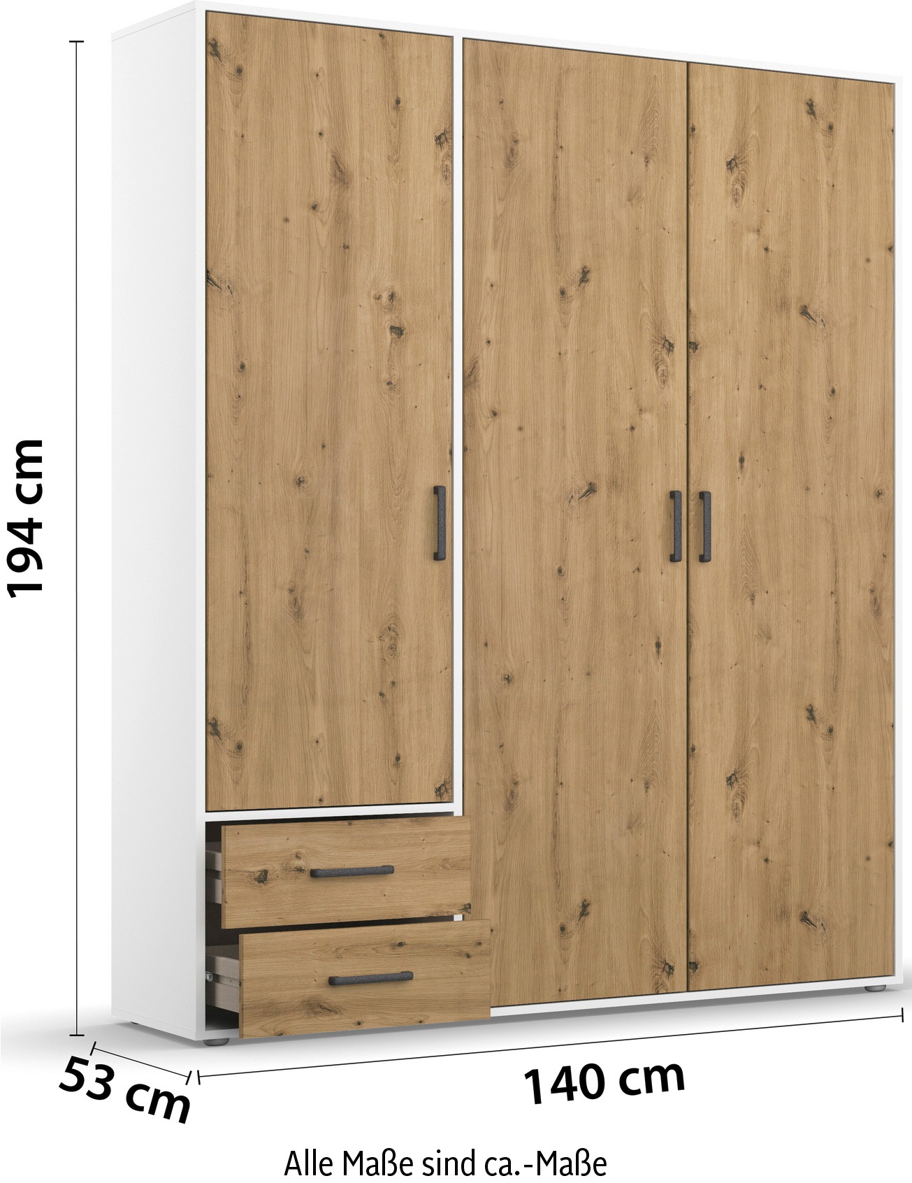 rauch Drehtürenschrank »Kleiderschrank Schrank Garderobe Wäscheschrank VOYAGER«, (in 3 verschiedenen Ausstattungen BASIC/CLASSIC/PREMIUM), moderne Griffe in Graumetallic mit Außenschubkästen MADE IN GERMANY