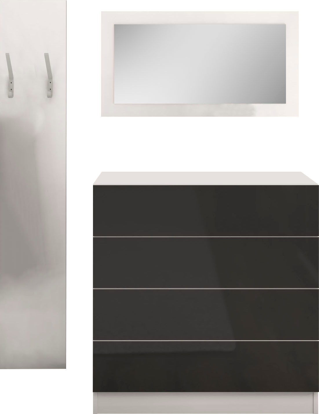 BORCHARDT MÖBEL Garderoben-Set »Vaasa 3« Set, 3 Stk. tlg. weiß matt/graphit Hochglanz Korpus, Paneel und Spiegel immer matt