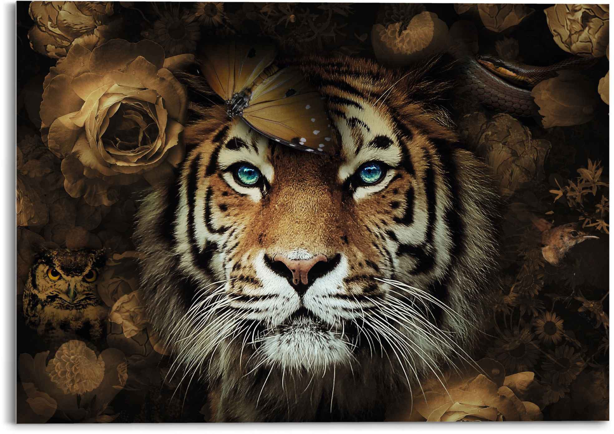 Reinders Glasbild "Glasbild Tiger Tierreich - Blumen - Herbstfarben - Blaue günstig online kaufen