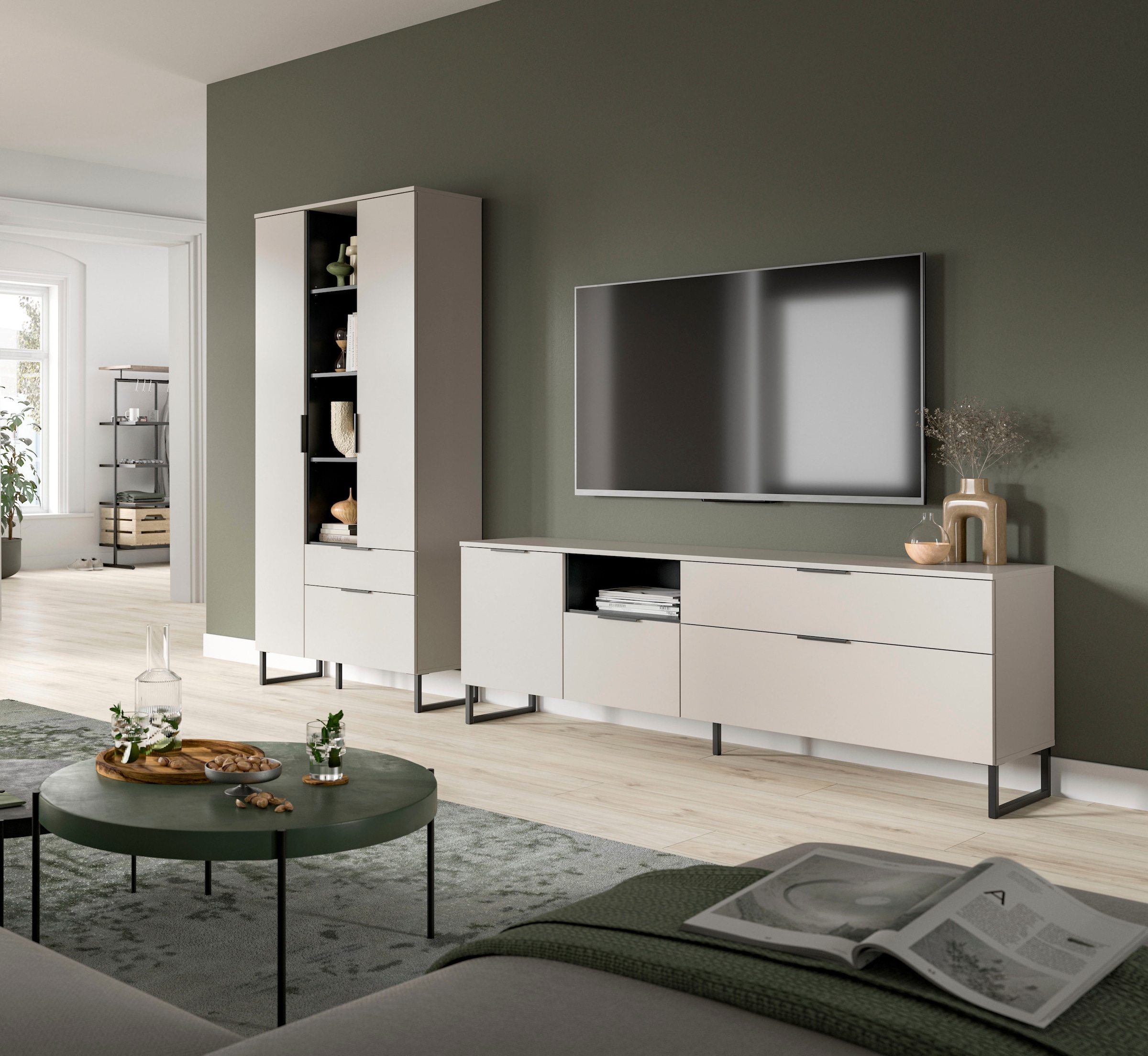 INOSIGN Wohnwand »ADIO, Breite 290 cm, 2-teiliges Set, mit Metall-Kufenfüße« Set, bestehend aus: Mehrzweckschrank und Lowboard, 2 Stk. tlg.