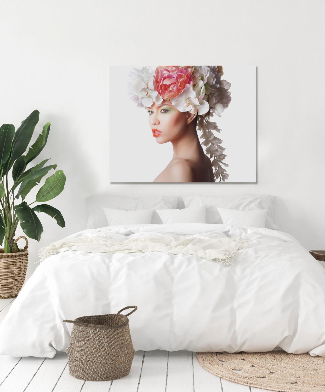 queence Acrylglasbild »Frau mit Blumenhut«, Frau-Kunst-Blumen-Bilder von Frauen-Fashion, Fine Art-Print in Galeriequalität