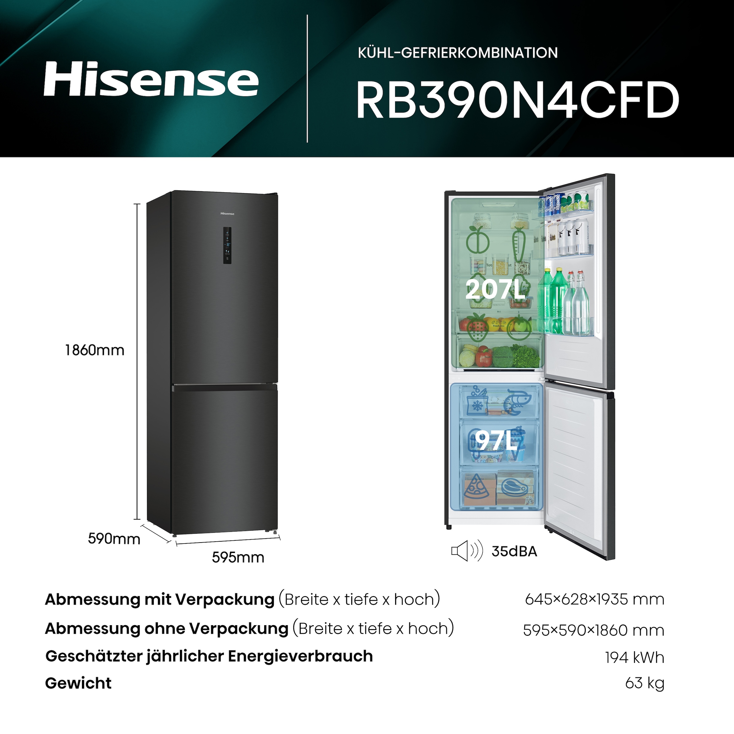 Hisense Kühl-/Gefrierkombination »RB390N4C«, RB390N4CFD, 186 cm hoch, 59,5 cm breit, Außen-Display