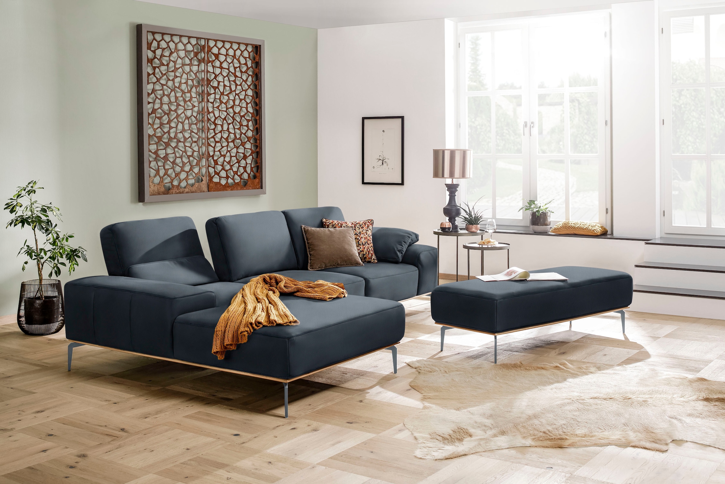 W.SCHILLIG Polsterhocker »run«, mit elegantem Holzsockel, Füße in Silber matt, Breite 150 cm