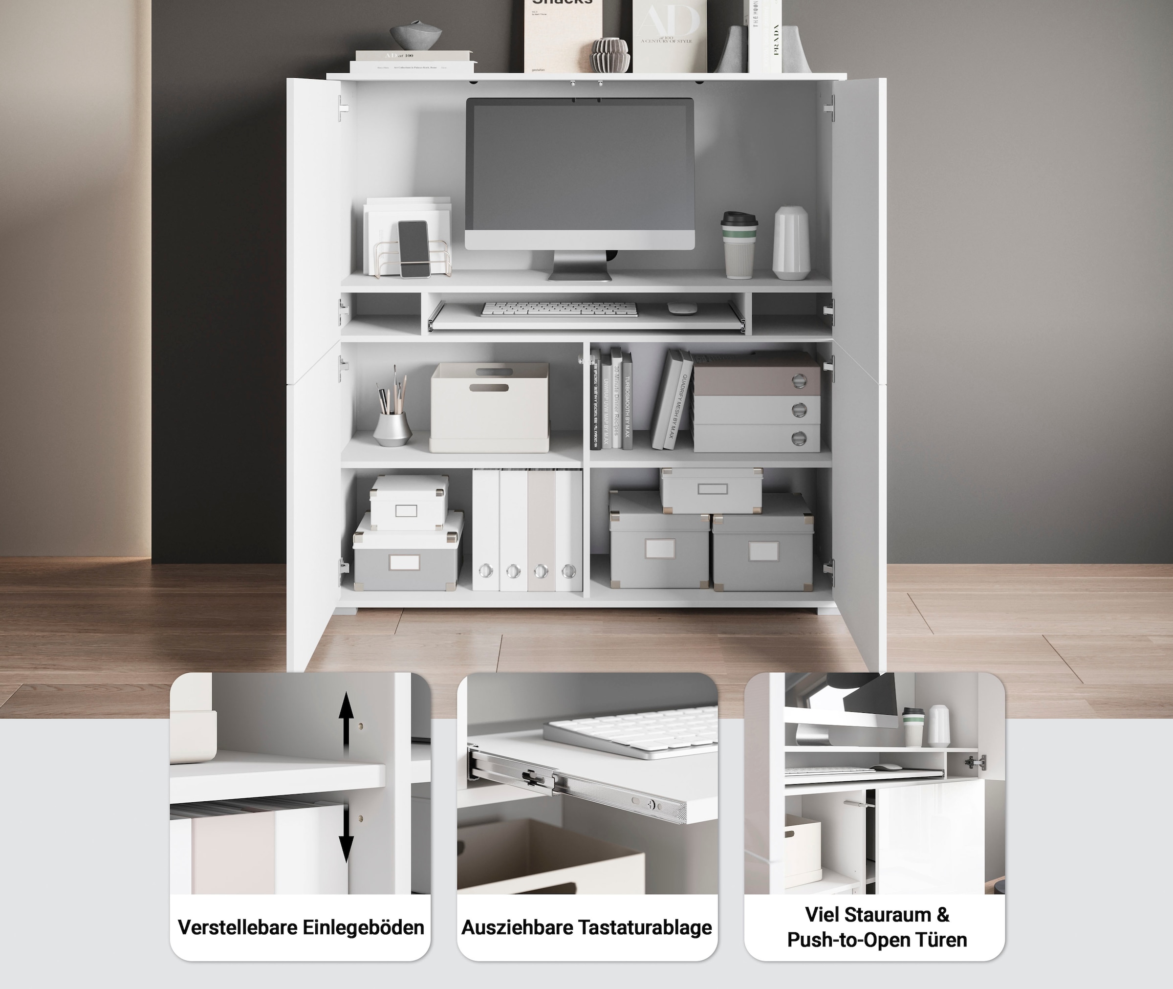 INOSIGN PC-Schrank »Kenia, Sekretär, Home Office« 1 Stk. tlg. Mit Push-to-open, Tastaturauszug und praktischem Stauraum