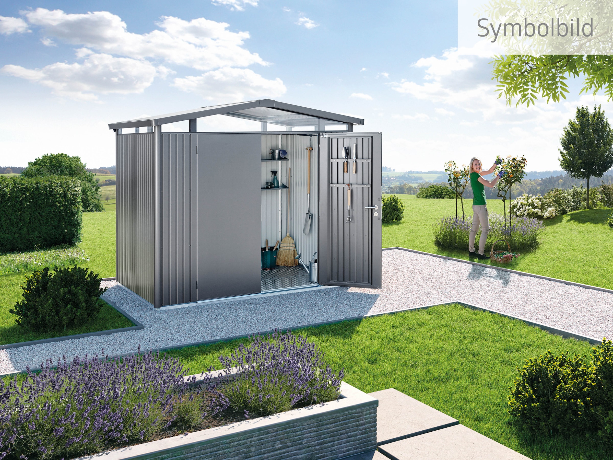 Biohort Gerätehaus »PANORAMA Gr. P2 quarzgrau-metallic
mit Standardtür«, aus Metall mit umlaufendem Acrylglas-Lichtband