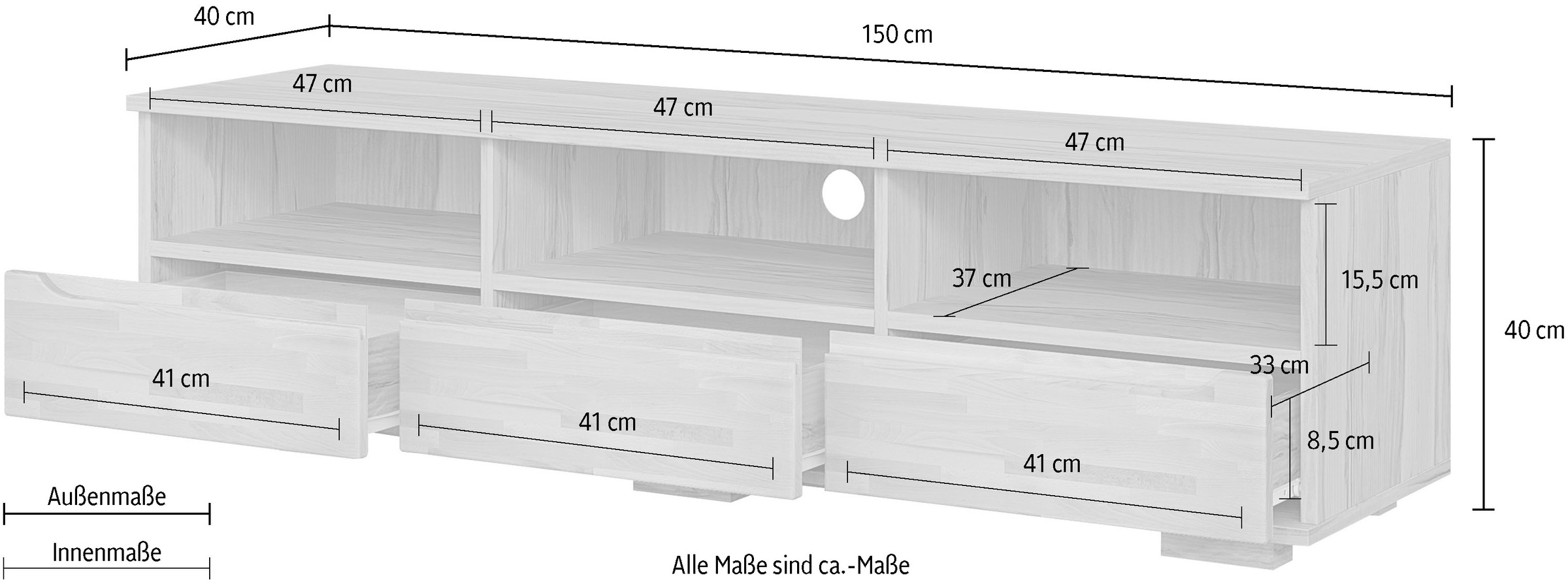 OTTO home Lowboard »VETRO Teilmassiv, Fronten Massivholz, Wohnzimmer, Stauraum,Griffmulde« B/T/H:150/40/40 cm, 3 Schubladen, 3 offene Fächer, kabeldurchführung