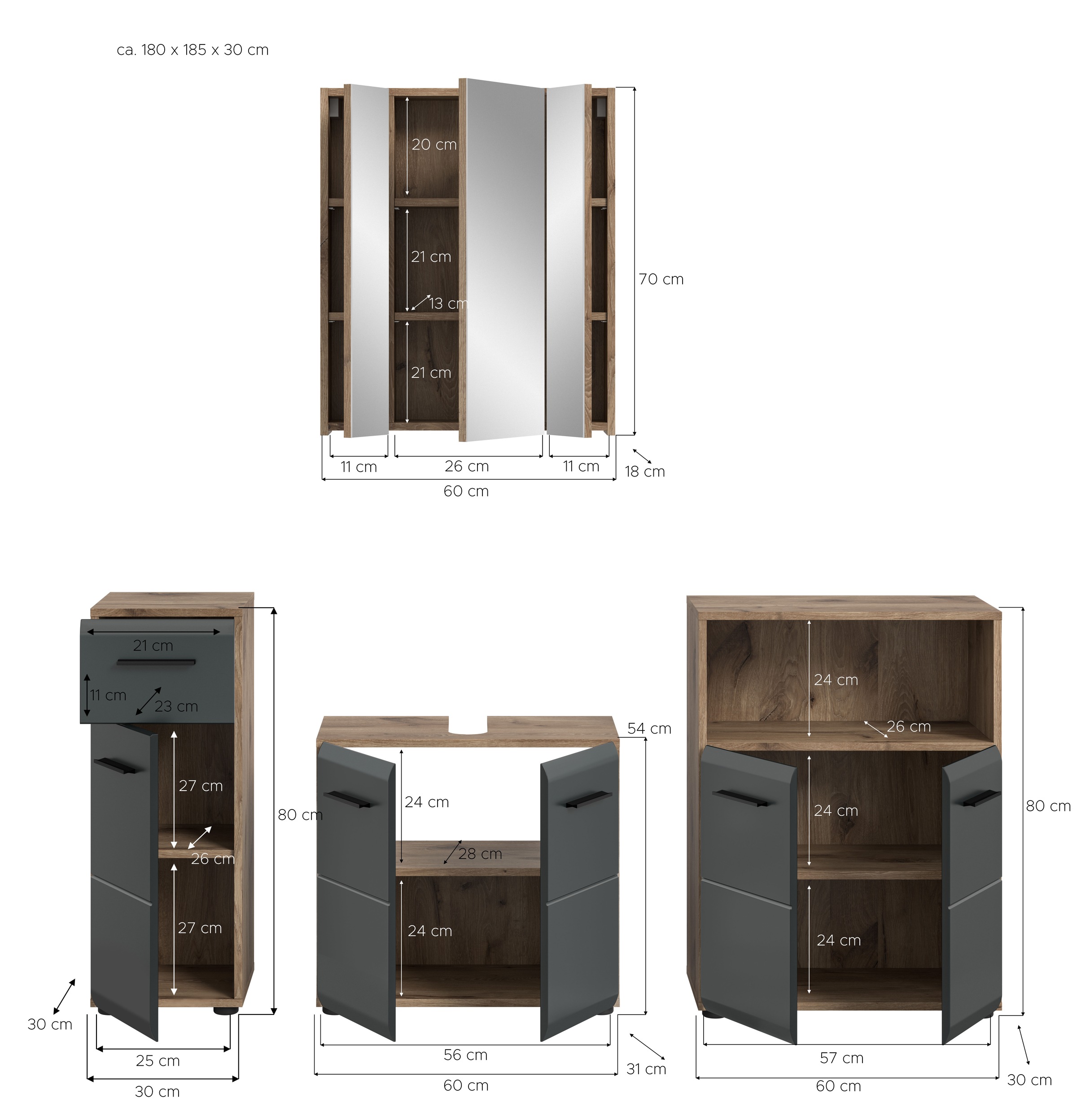 welltime Badmöbel-Set »FLORENZ,  4-teilige Badkombination, hochwertige MDF-Front« Set, Unterschrank, Waschbeckenunterschrank, Spiegelschrank, Midischrank, 4 Stk. tlg.