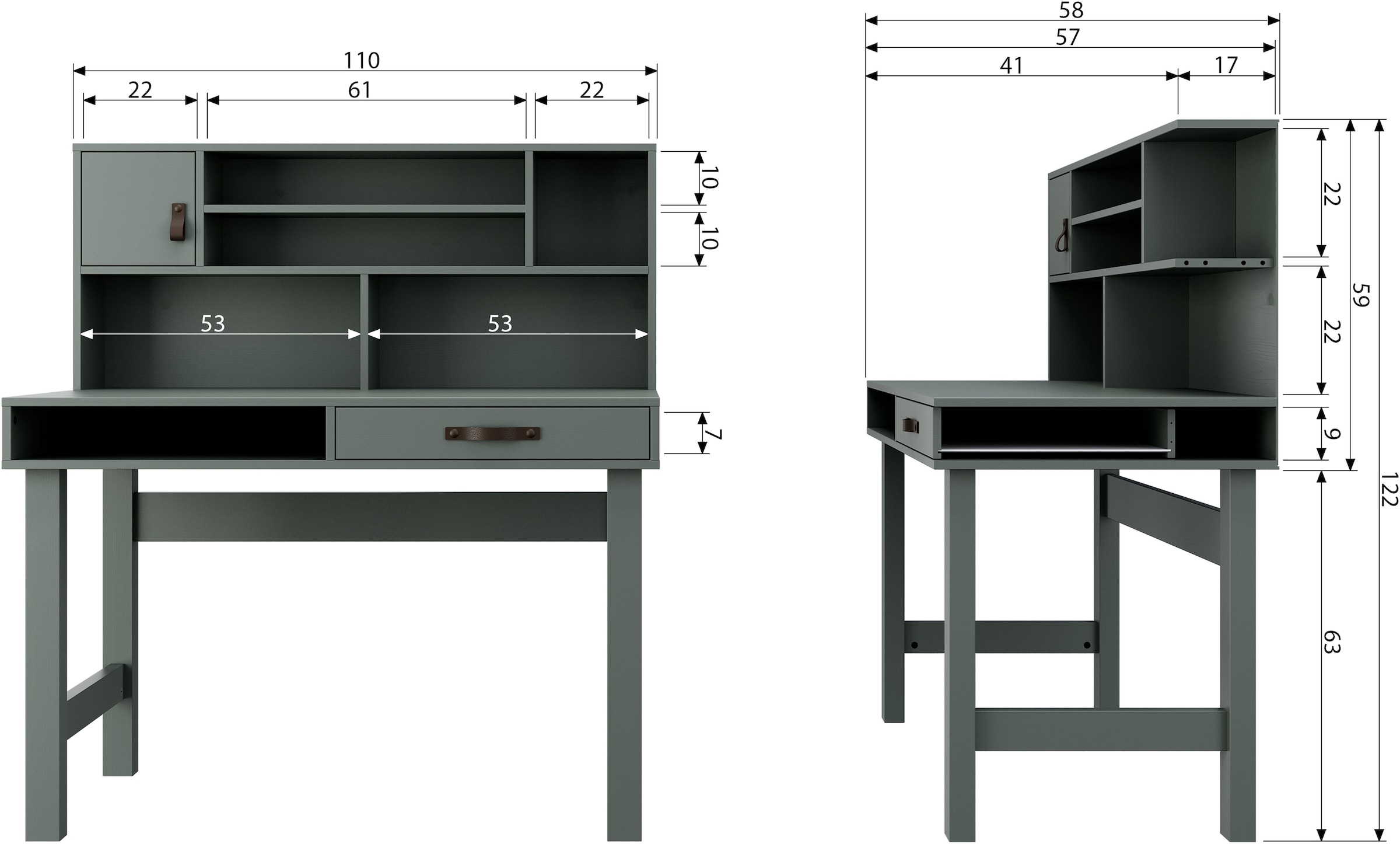 WOOOD Schreibtisch »Stage FSC®-Kiefernholz mit Schublade, lackiert 110x58x122 cm« Sechs Ablagefächer, Schublade mit Ledergriff, sichtbare Maserung