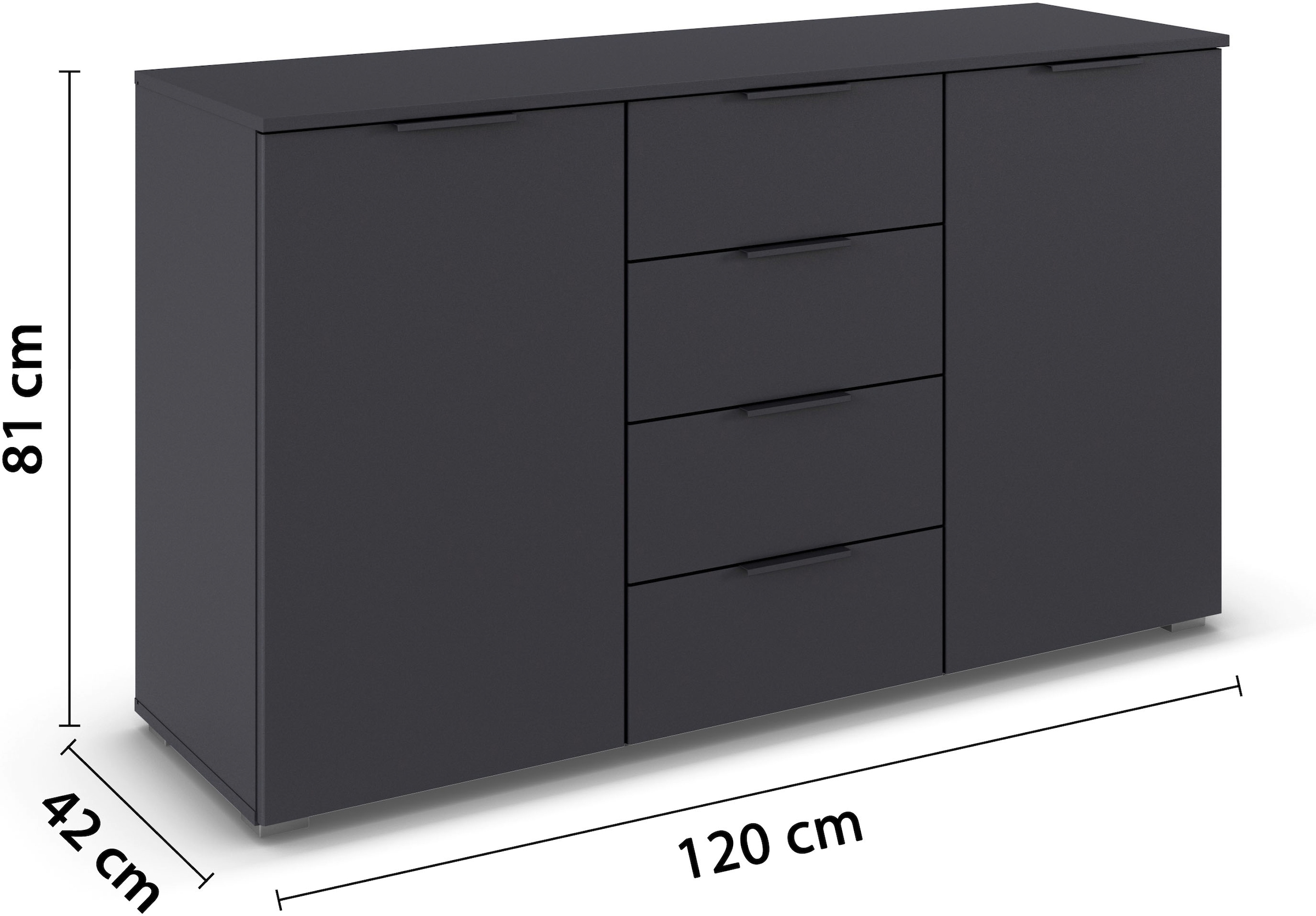 rauch Kombikommode »Sideboard Schubladenkommode AGORDO mit Dekor- oder Hochglanzfront«, (in zwei Griff-Farben, Breite 120 cm inkl. Soft-Close-Funktion), vier große Schubladen, mit insgesamt 4 Einlegeböden MADE IN GERMANY
