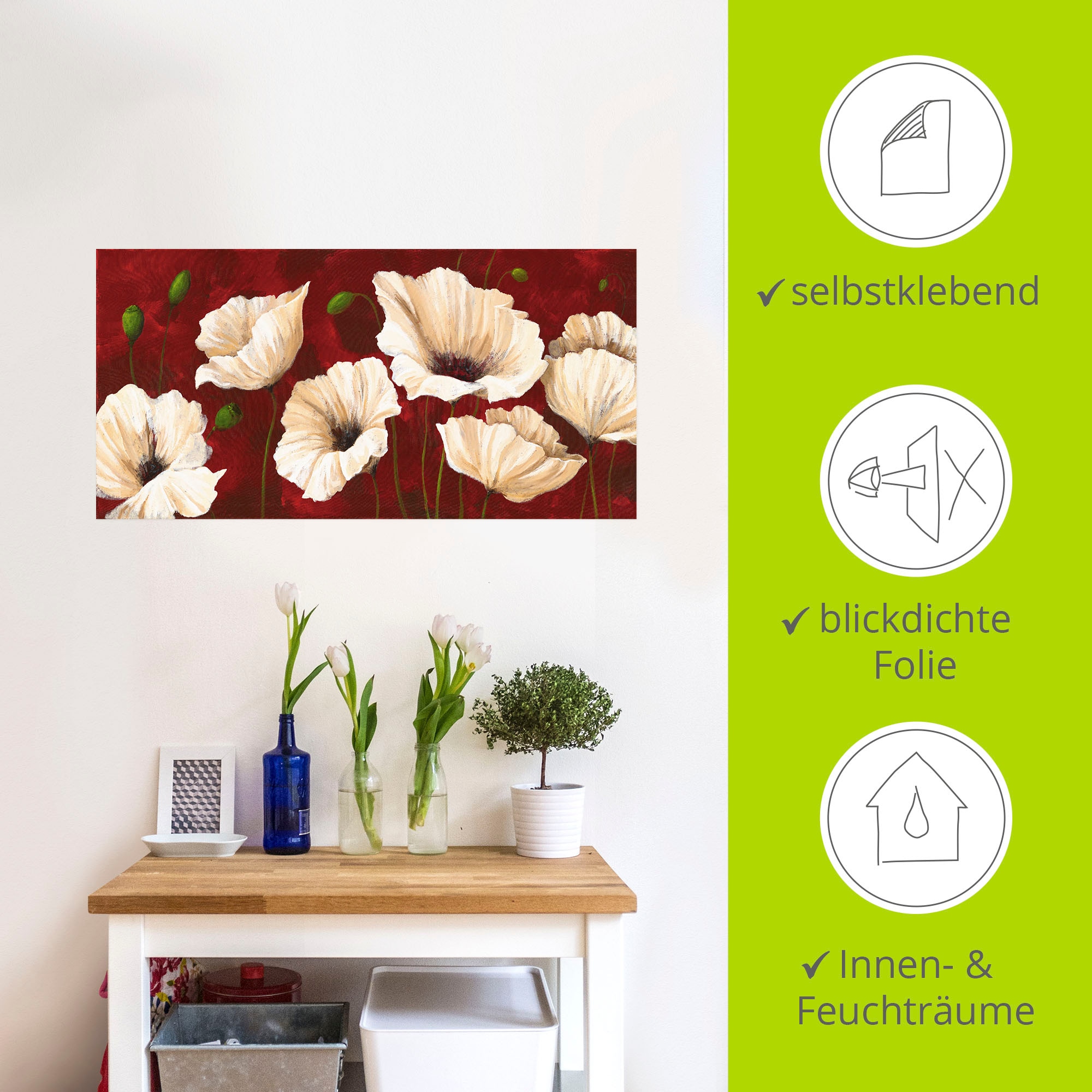 Artland Wandbild »Weiße Mohnblumen vor rot«, Blumen, (1 St.), als Alubild, Outdoorbild, Leinwandbild, Poster, Wandaufkleber
