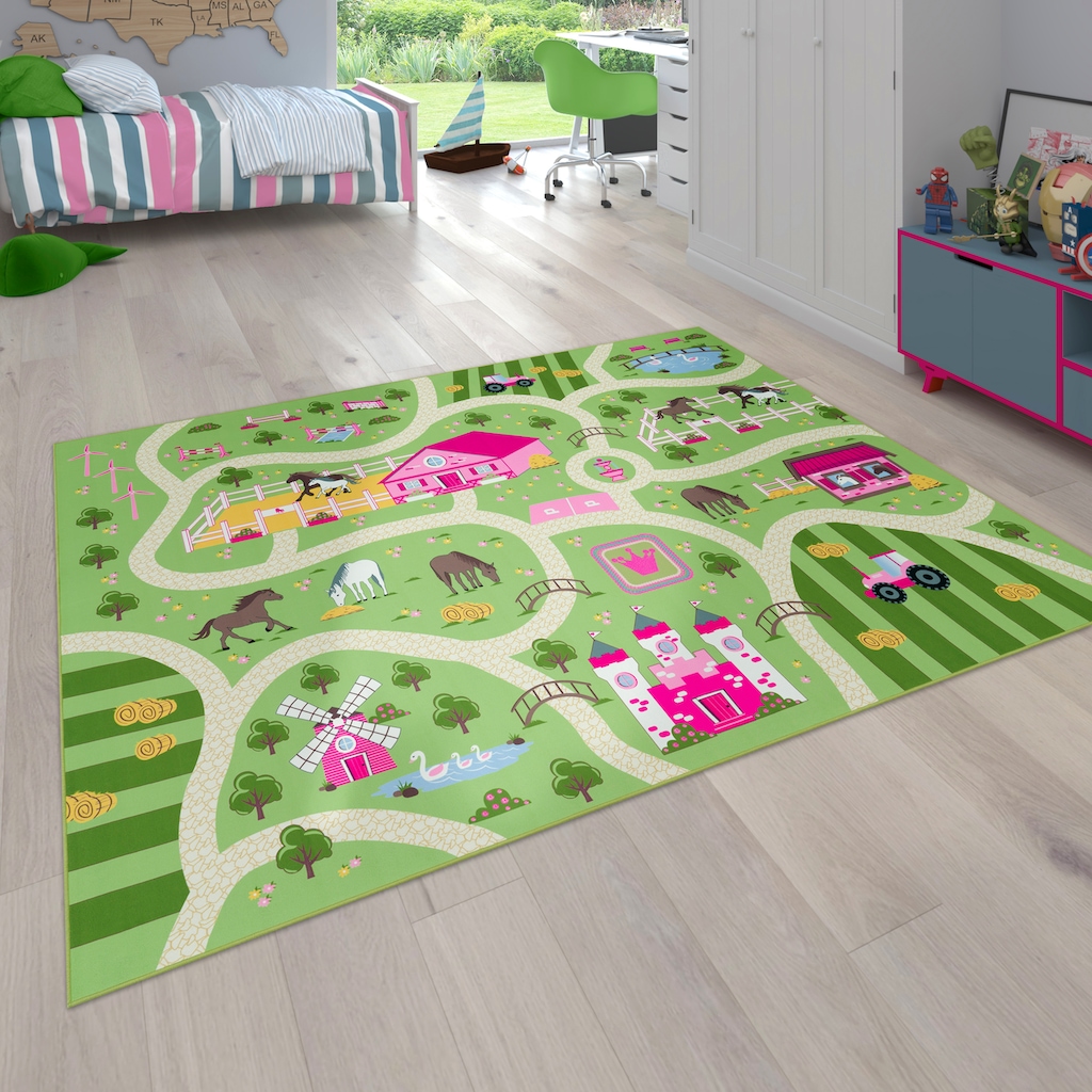 Paco Home Kinderteppich »Bino 560«, rechteckig, Kurzflor, Straßen-Spiel-Teppich, Motiv Bauernhof, Kinderzimmer