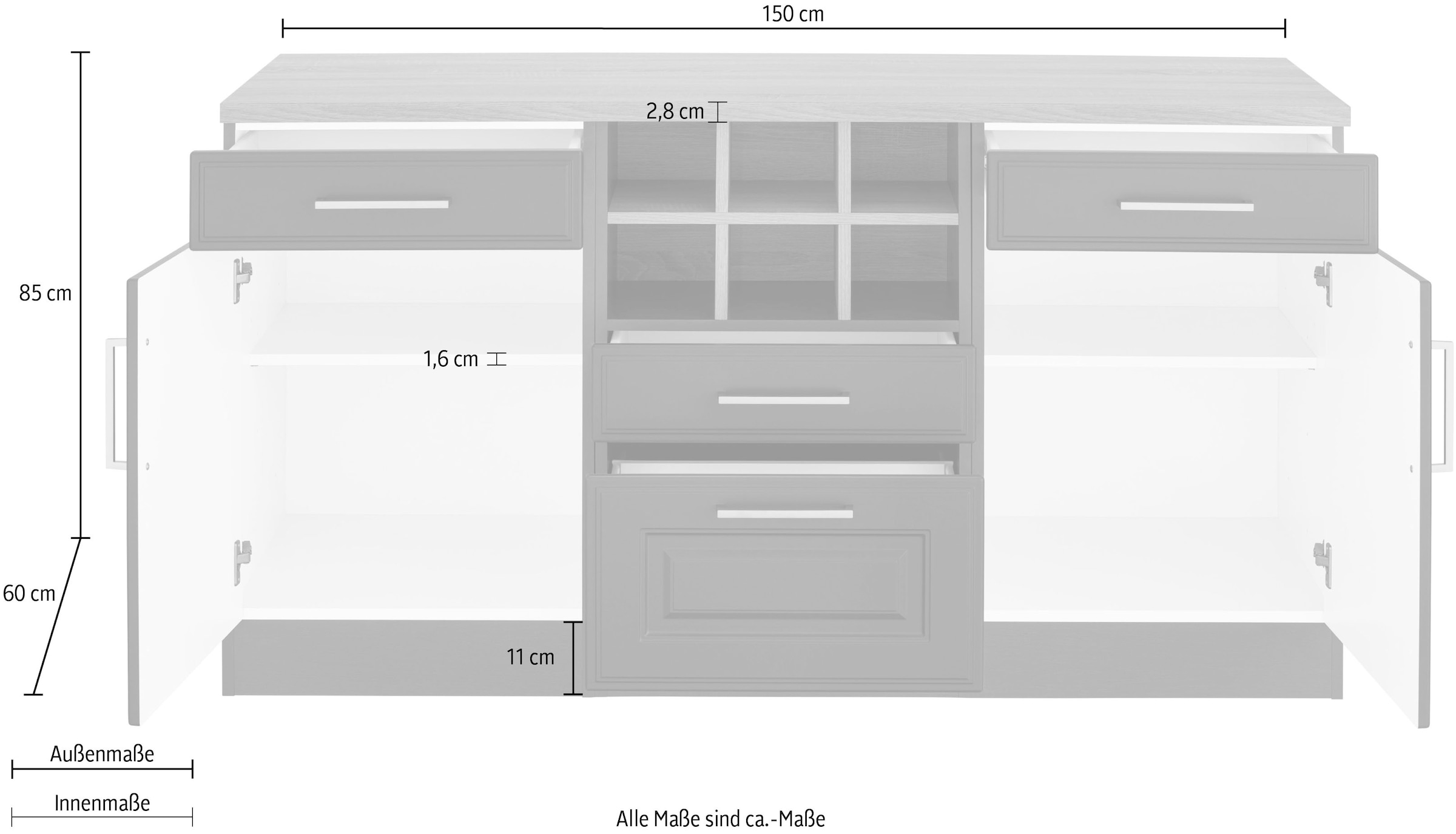 KOCHSTATION Unterschrank »KS-Stockholm«, 150 cm breit, hochwertige MDF-Fronten mit Fräsung, viel Stauraum