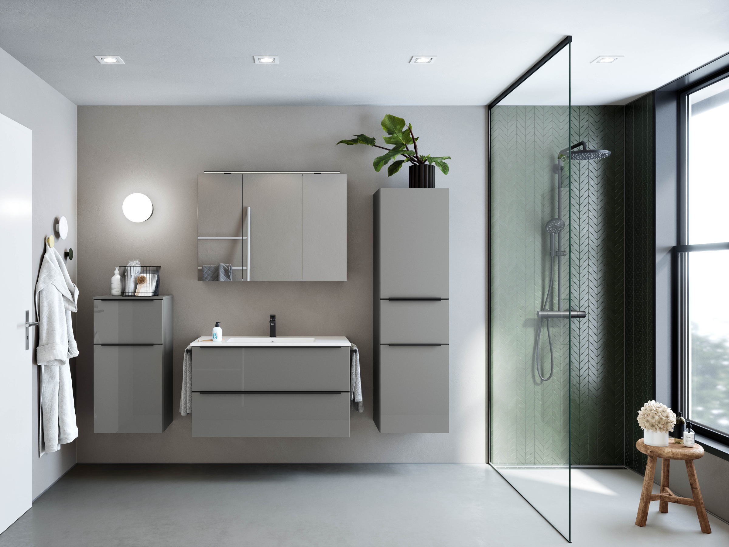 nobilia® Badmöbel-Set »Levere«, (2 St., vormontiert, mit Soft-Close), inkl. Spiegelschrank mit Beleuchtung und Dimmerfunktion, in 4 Breiten